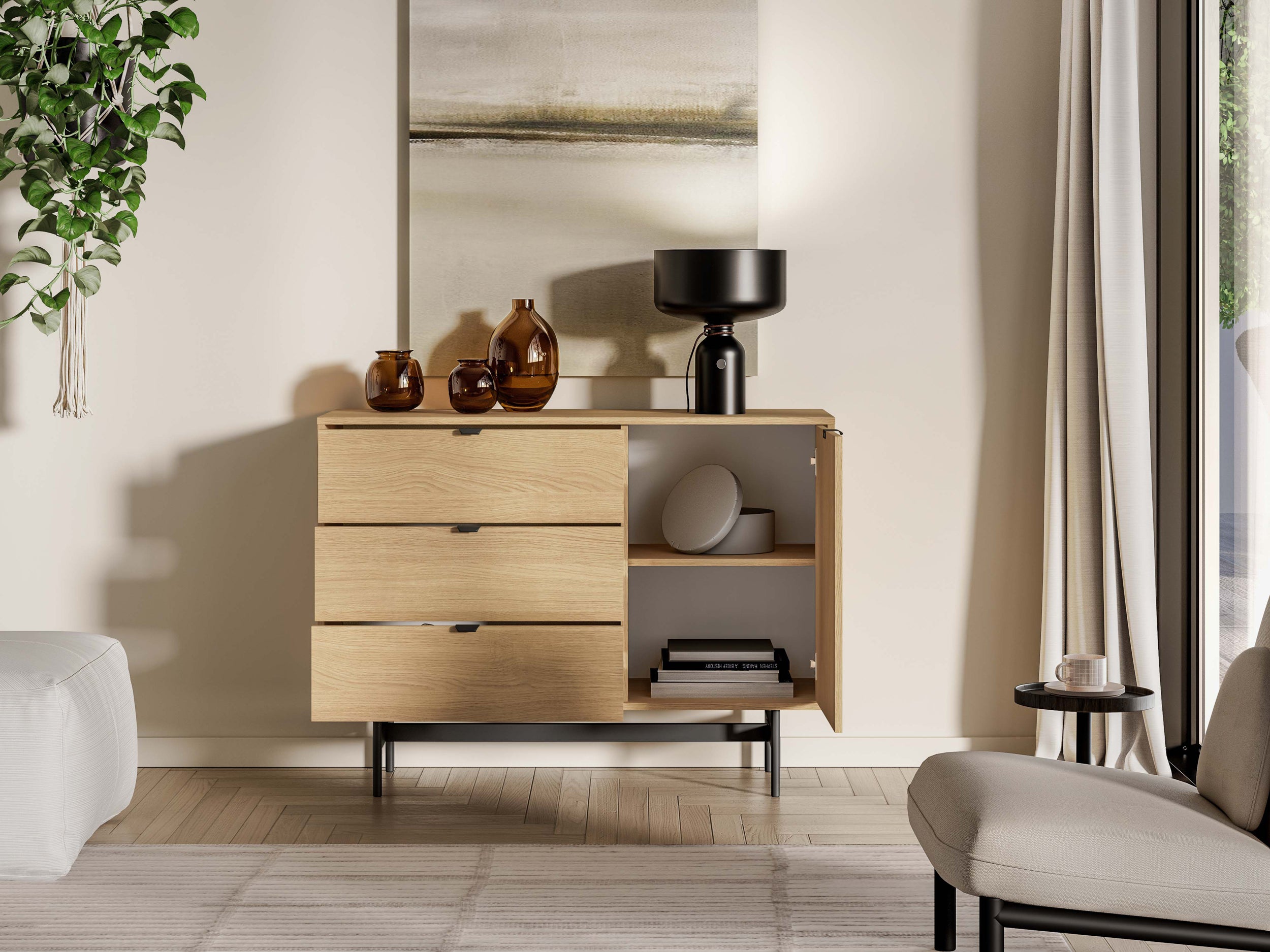 Reynos Einzeltür-Kommode mit drei Schubladen, 92 cm, Eiche Mavelie