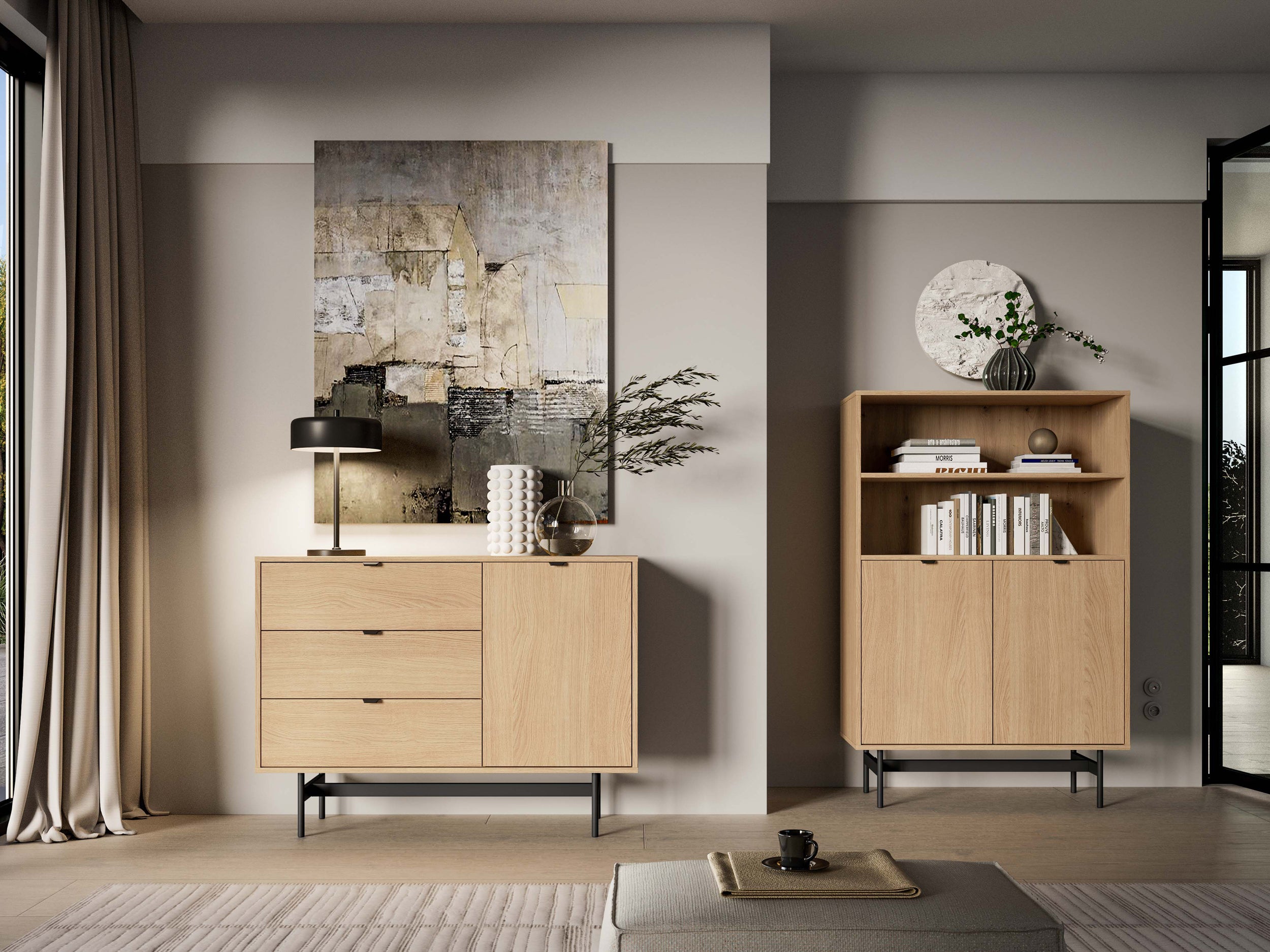 Reynos Einzeltür-Kommode mit drei Schubladen, 92 cm, Eiche Mavelie