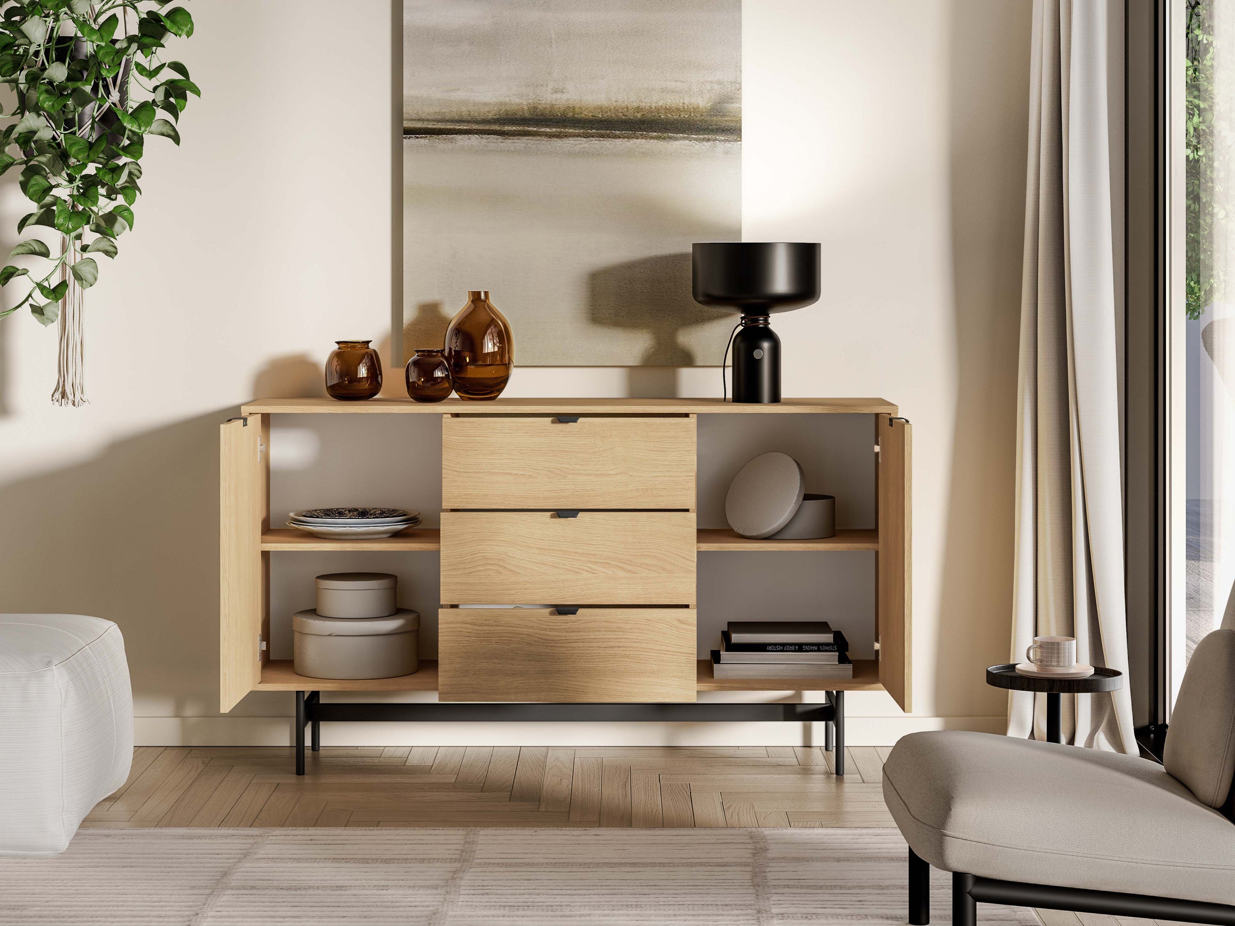 Zweiturige Kommode Reynos mit drei Schubladen, 150 cm, Eiche Mavelie