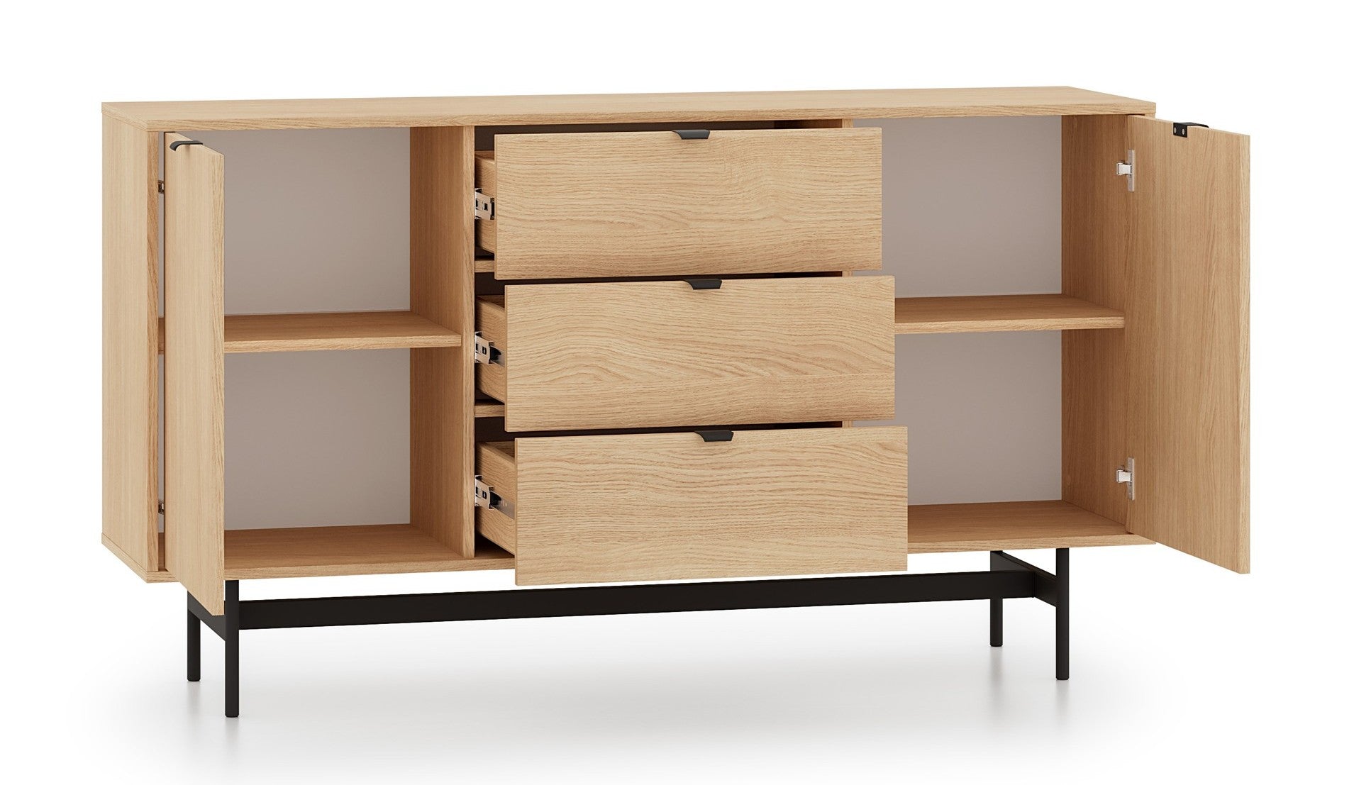 Zweiturige Kommode Reynos mit drei Schubladen, 150 cm, Eiche Mavelie