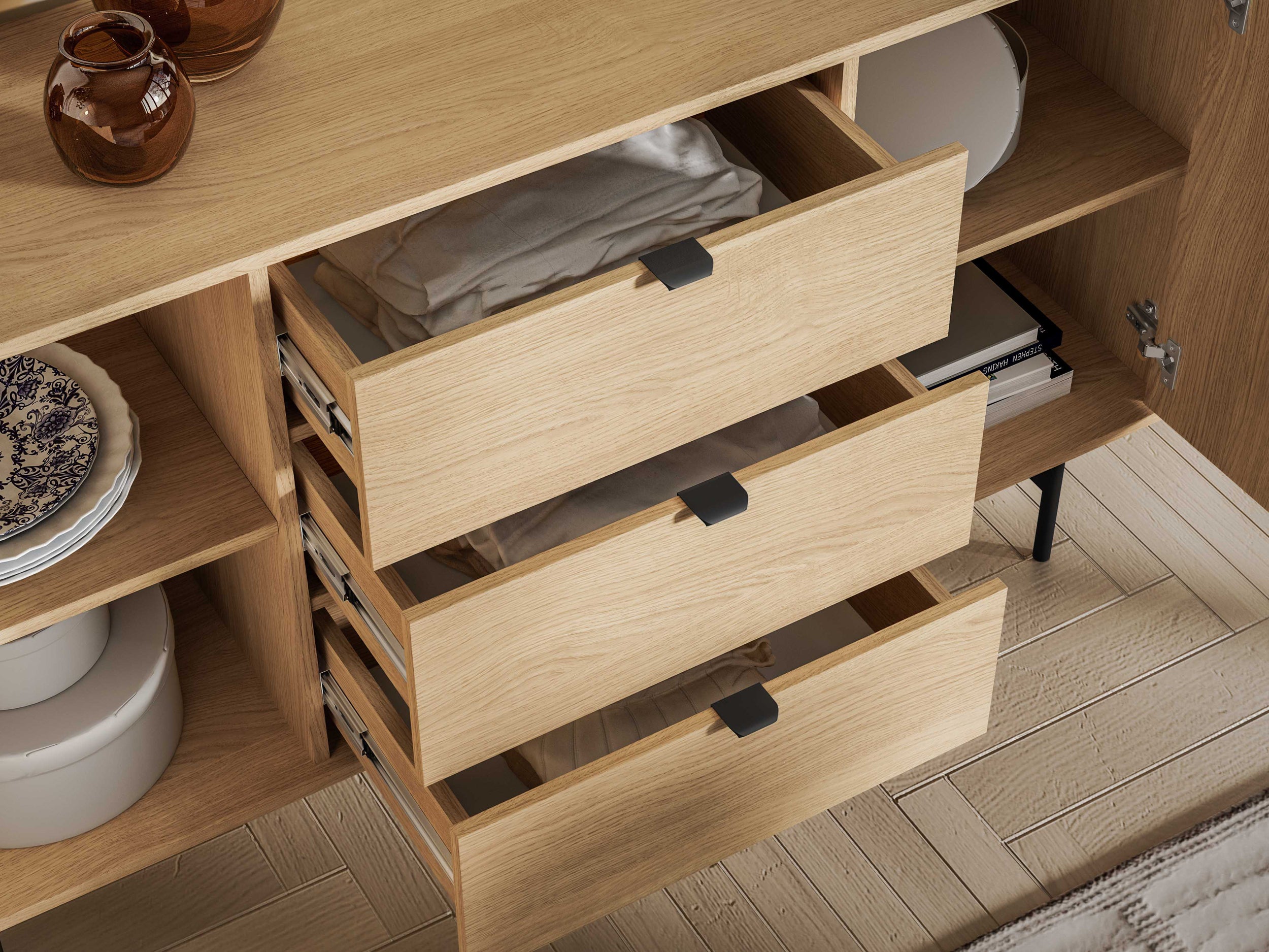Zweiturige Kommode Reynos mit drei Schubladen, 150 cm, Eiche Mavelie
