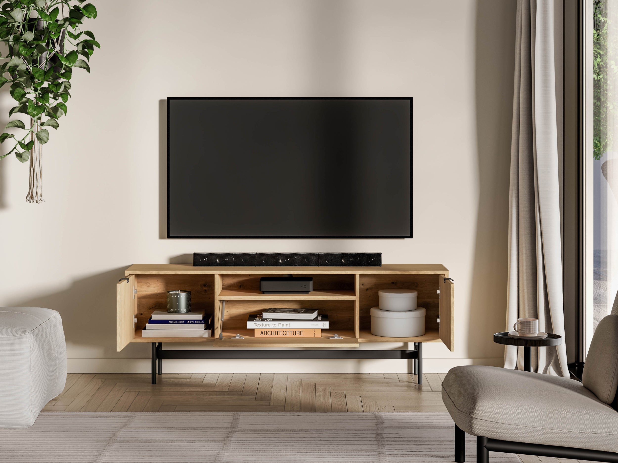 TV-Schrank Reynos, dreitürig, 150 cm, Eiche Mavelie