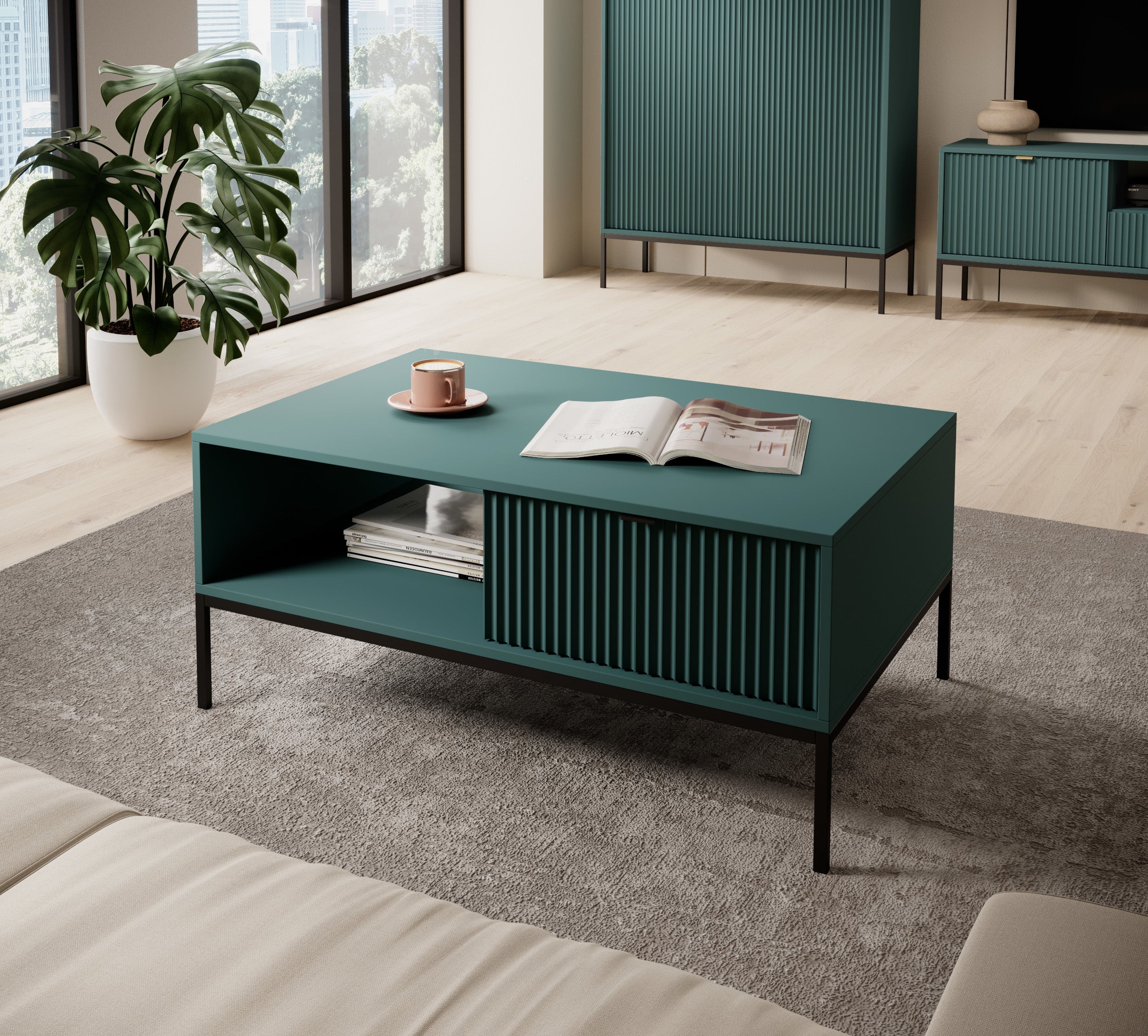 Couchtisch Vellore 104x68 cm grün mit geriffelter Front, schwarzen Griffen und Gestell