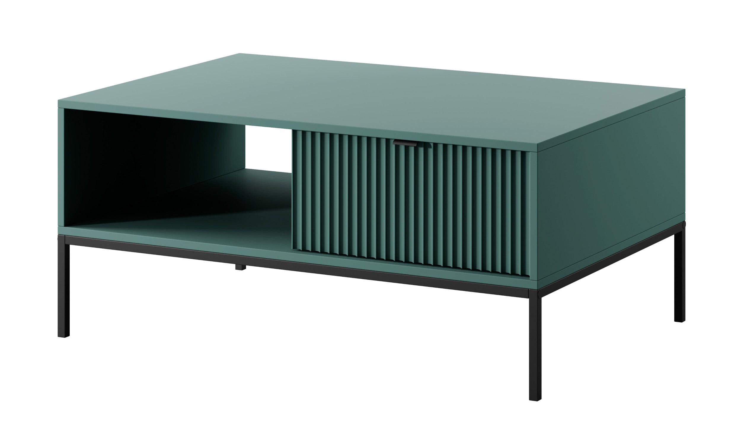 Couchtisch Vellore 104x68 cm grün mit geriffelter Front, schwarzen Griffen und Gestell