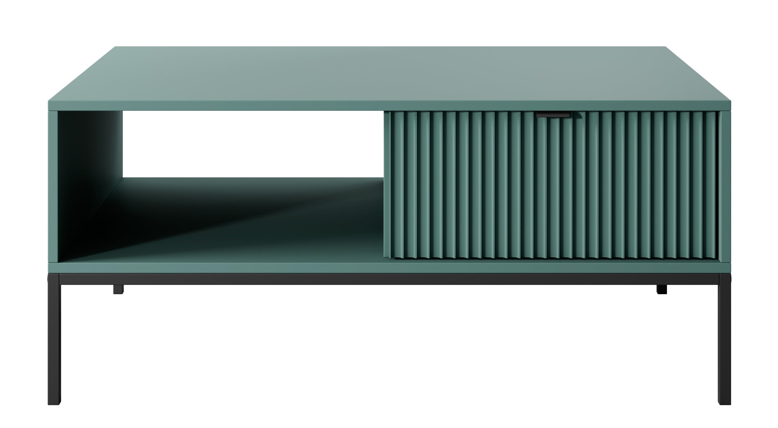 Couchtisch Vellore 104x68 cm grün mit geriffelter Front, schwarzen Griffen und Gestell