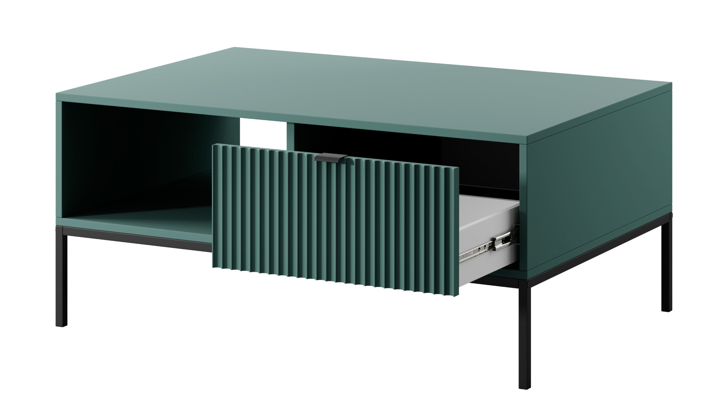 Couchtisch Vellore 104x68 cm grün mit geriffelter Front, schwarzen Griffen und Gestell
