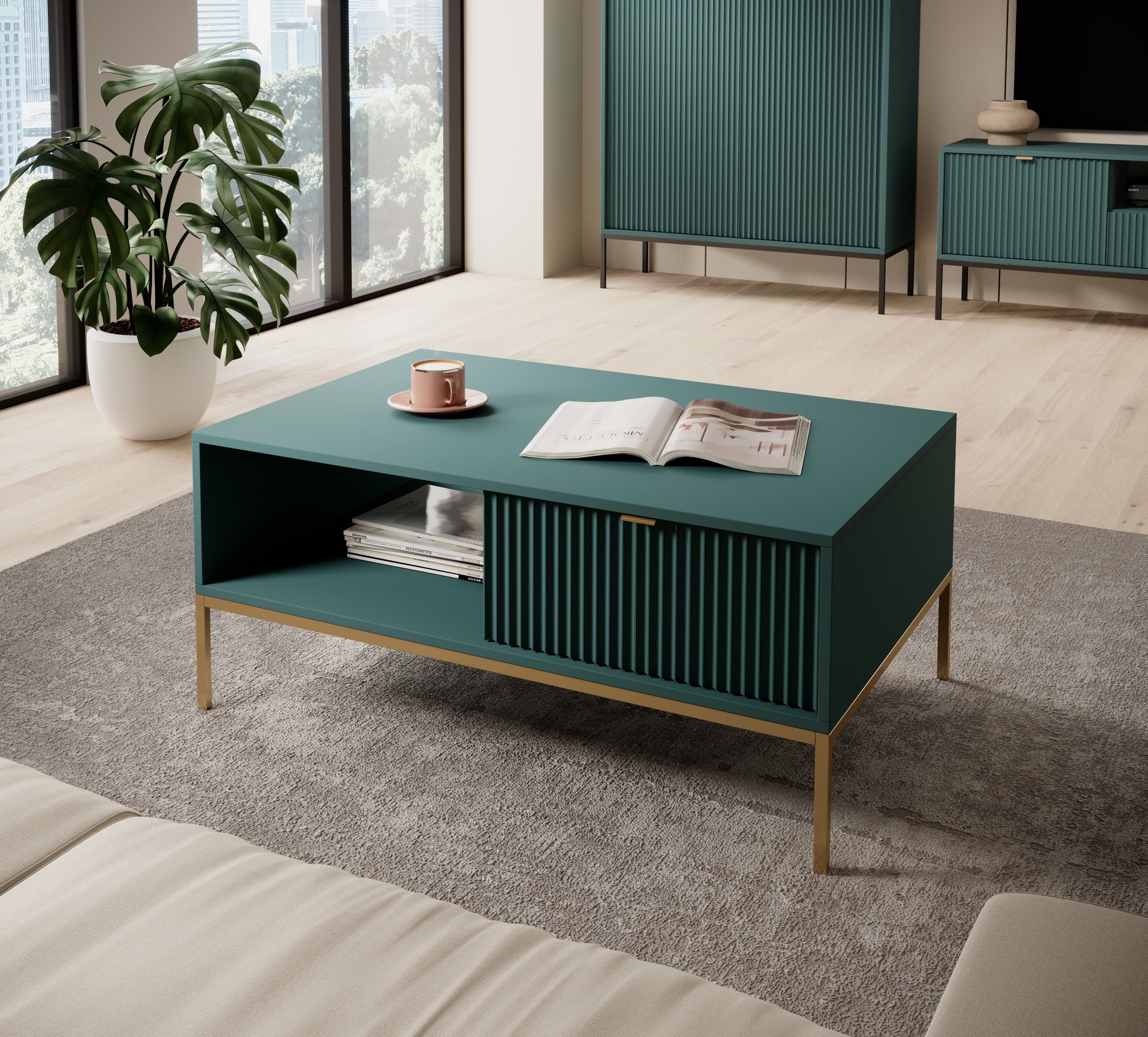 Couchtisch Vellore 104x68 cm grün mit geriffelter Front, goldenen Griffen und Gestell