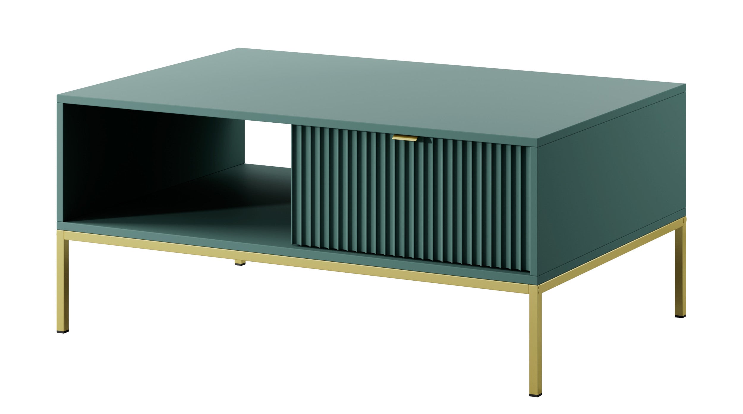 Couchtisch Vellore 104x68 cm grün mit geriffelter Front, goldenen Griffen und Gestell