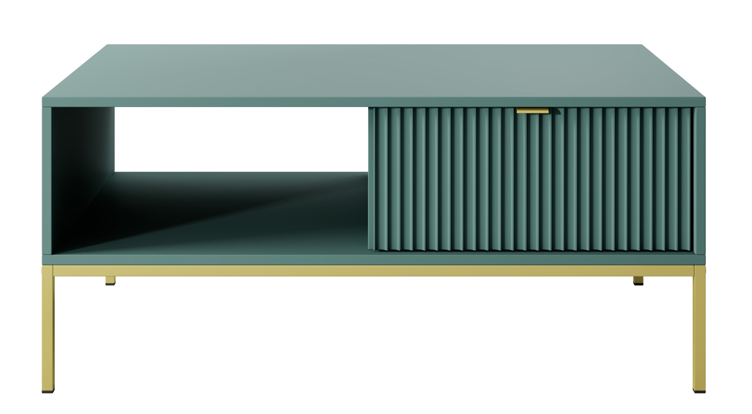 Couchtisch Vellore 104x68 cm grün mit geriffelter Front, goldenen Griffen und Gestell