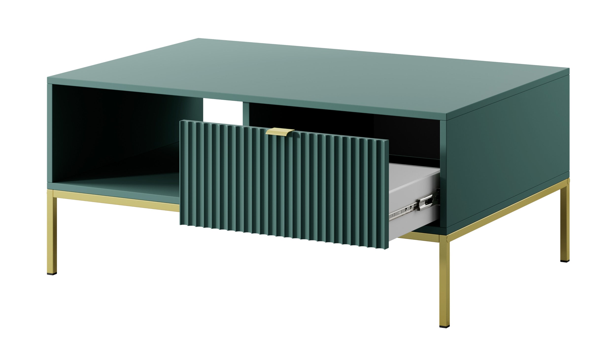 Couchtisch Vellore 104x68 cm grün mit geriffelter Front, goldenen Griffen und Gestell