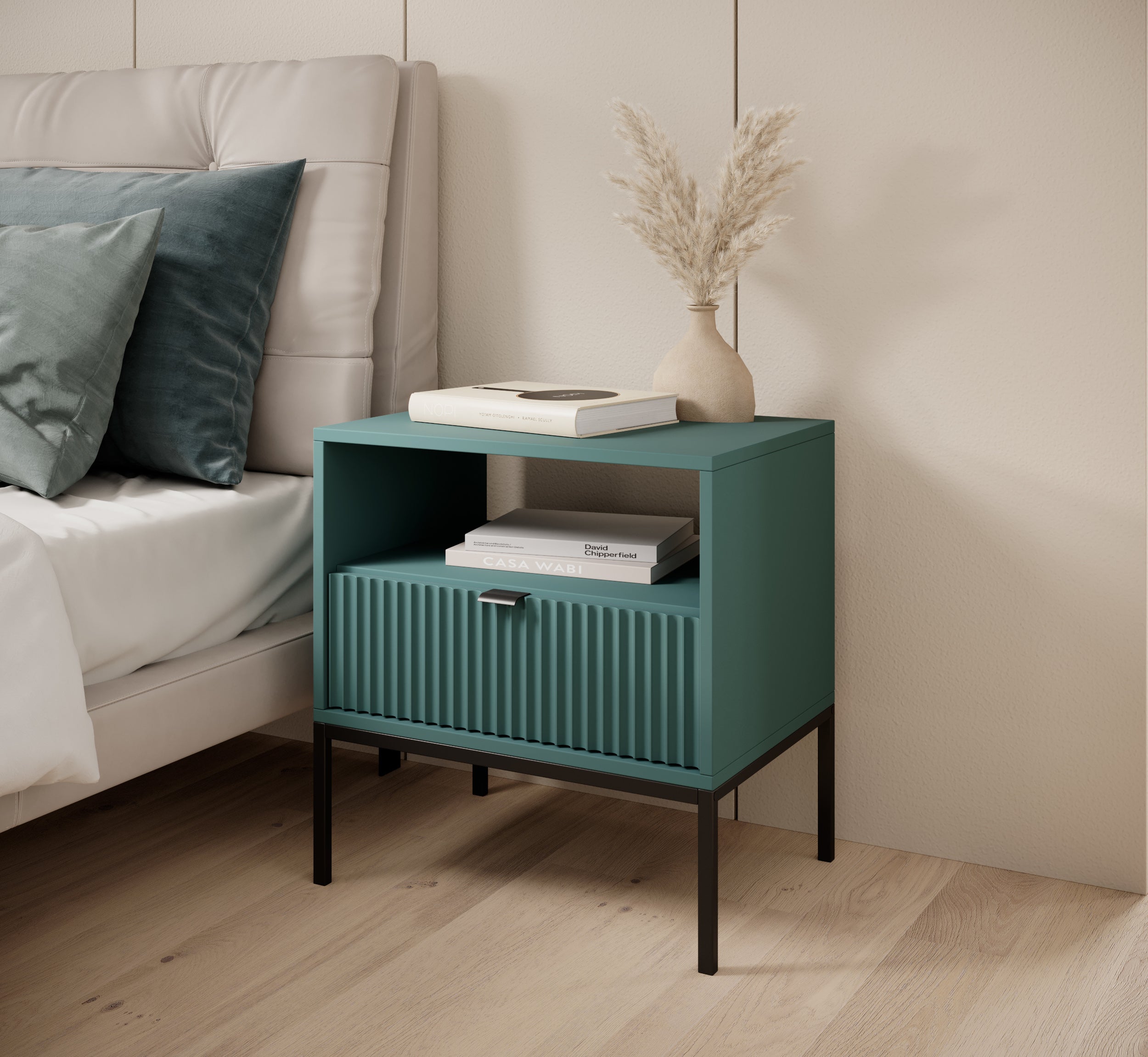 Nachttisch Vellore 54 cm grün mit geriffelter Front, schwarzen Griffen und Gestell