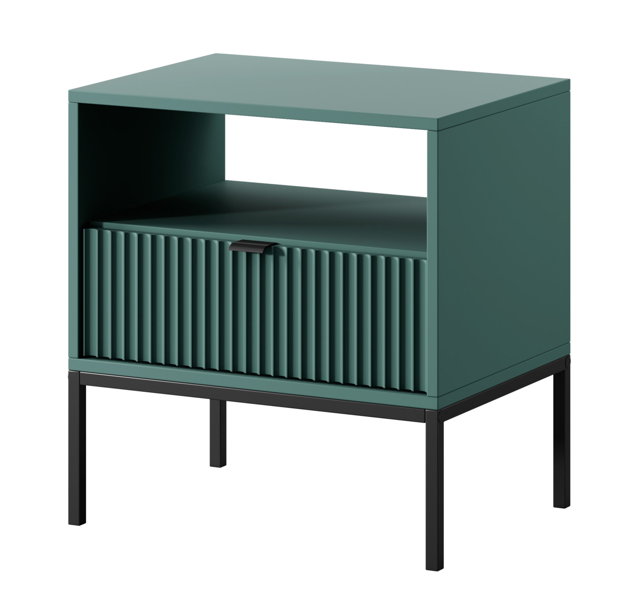 Nachttisch Vellore 54 cm grün mit geriffelter Front, schwarzen Griffen und Gestell