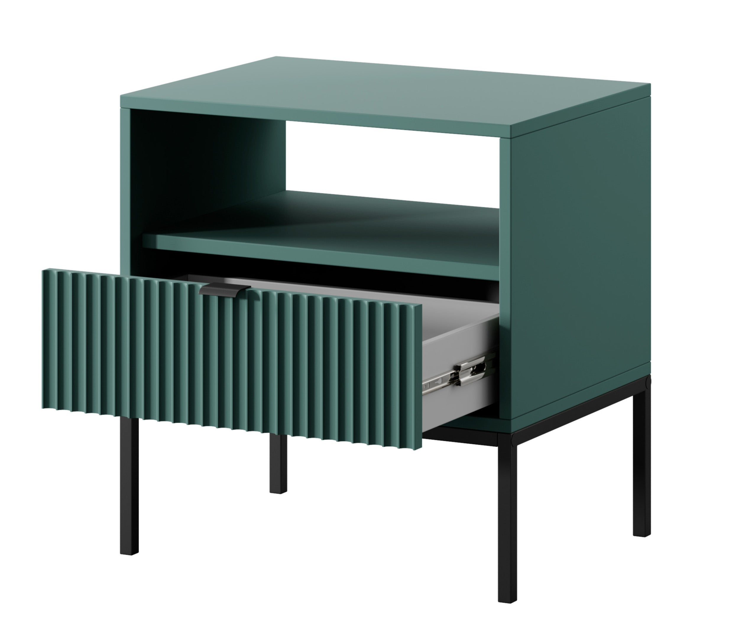 Nachttisch Vellore 54 cm grün mit geriffelter Front, schwarzen Griffen und Gestell