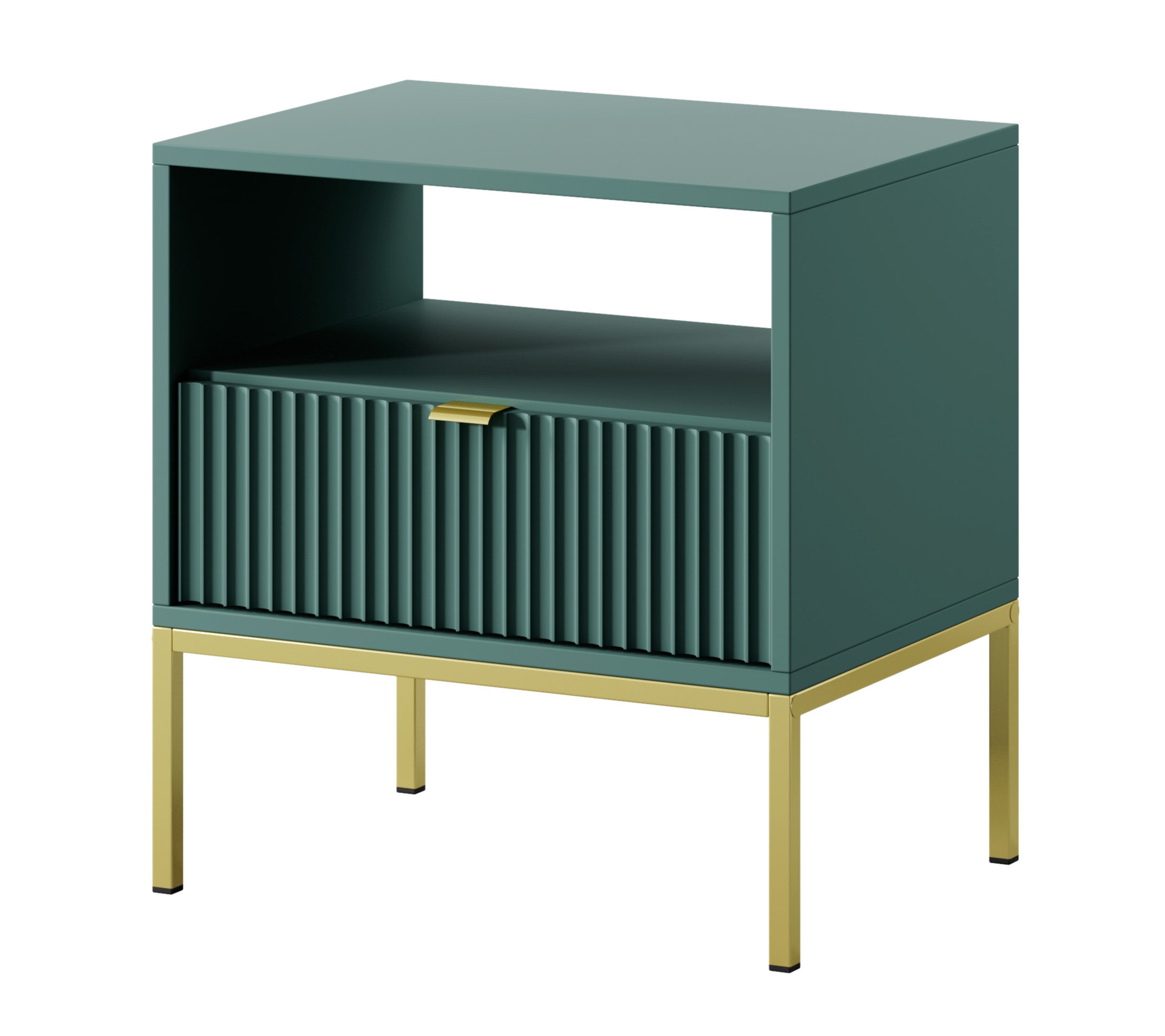 Nachttisch Vellore 54 cm grün mit geriffelter Front, goldenen Griffen und Gestell