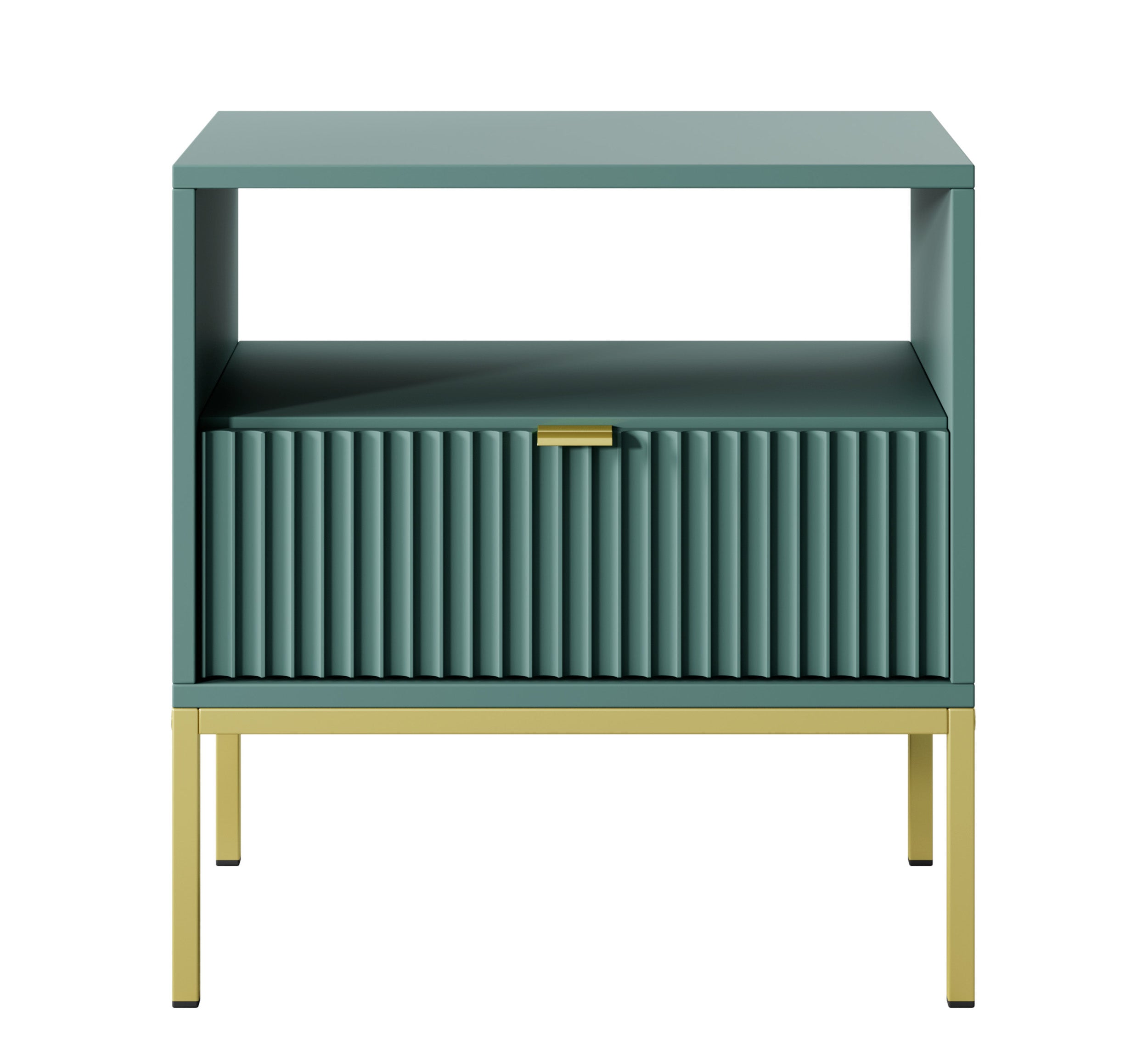 Nachttisch Vellore 54 cm grün mit geriffelter Front, goldenen Griffen und Gestell