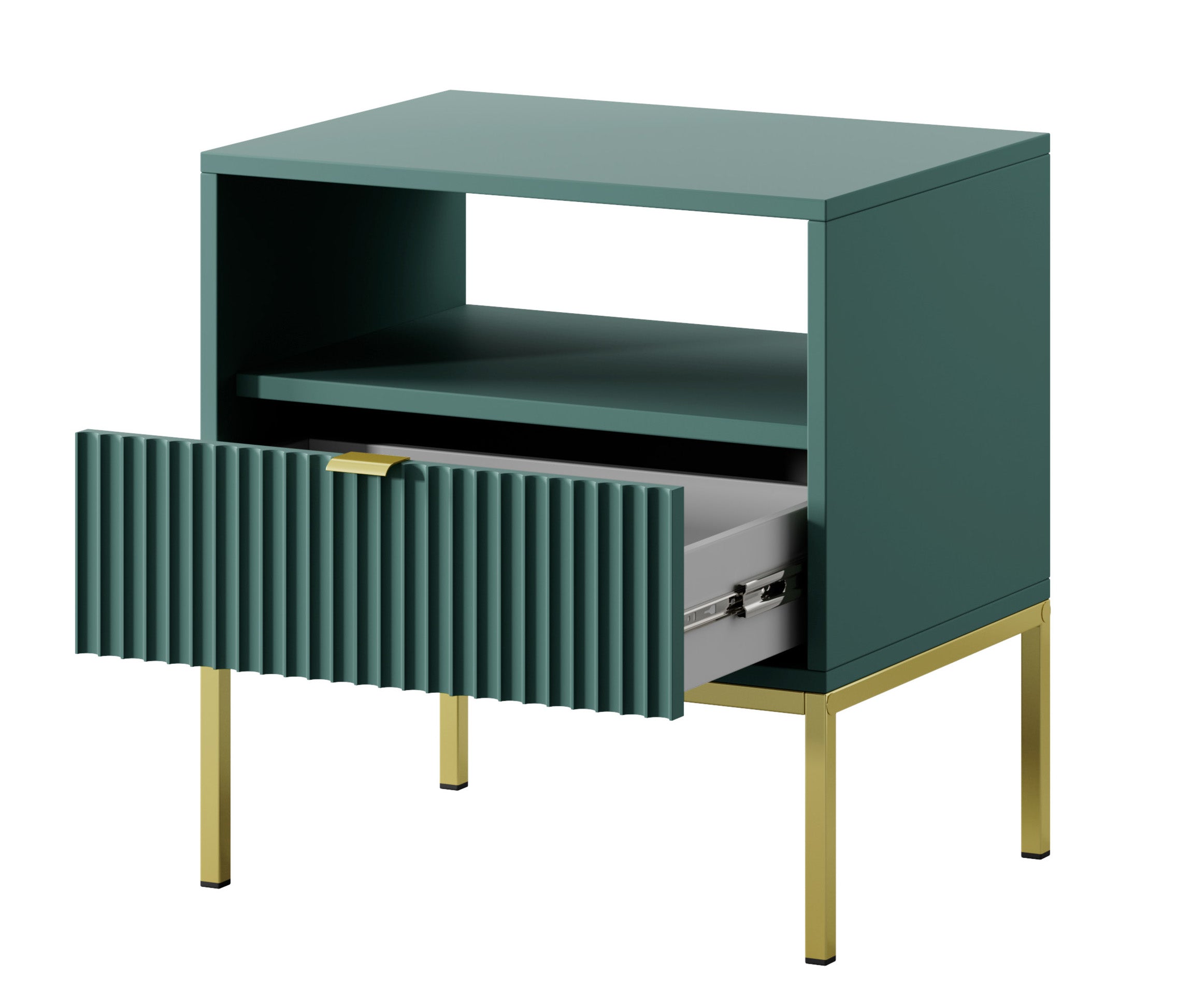 Nachttisch Vellore 54 cm grün mit geriffelter Front, goldenen Griffen und Gestell