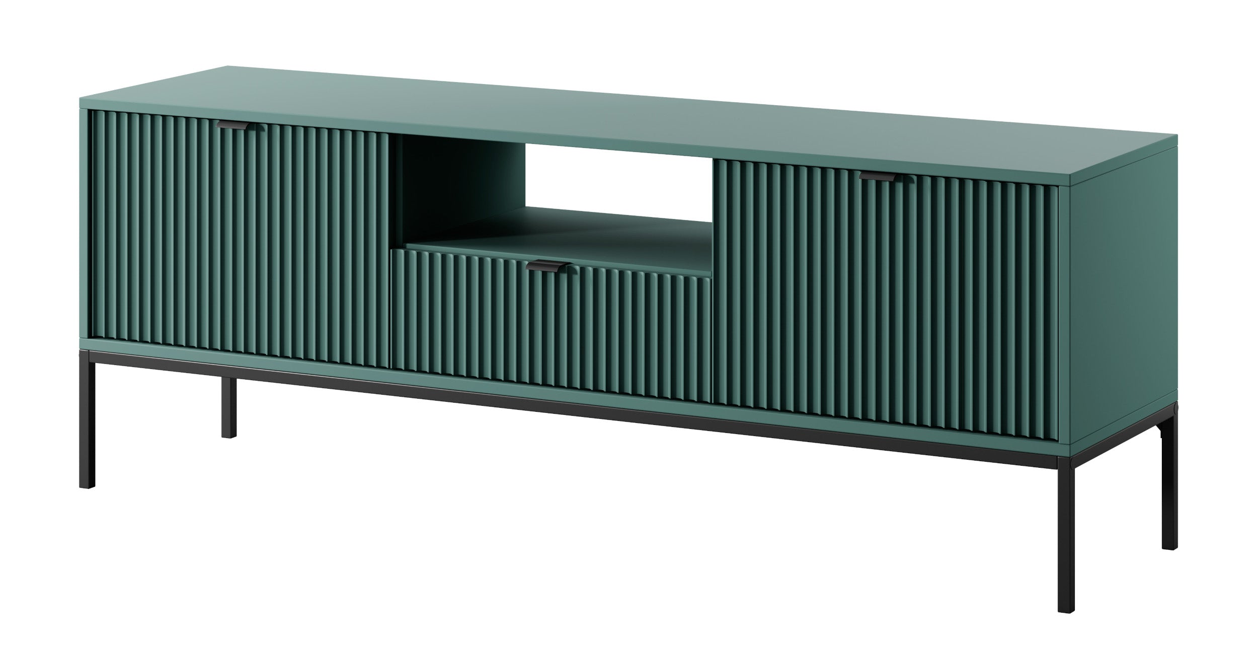 TV-Schrank Vellore 154 cm grün mit gerillten Fronten, schwarzen Griffen und Gestell