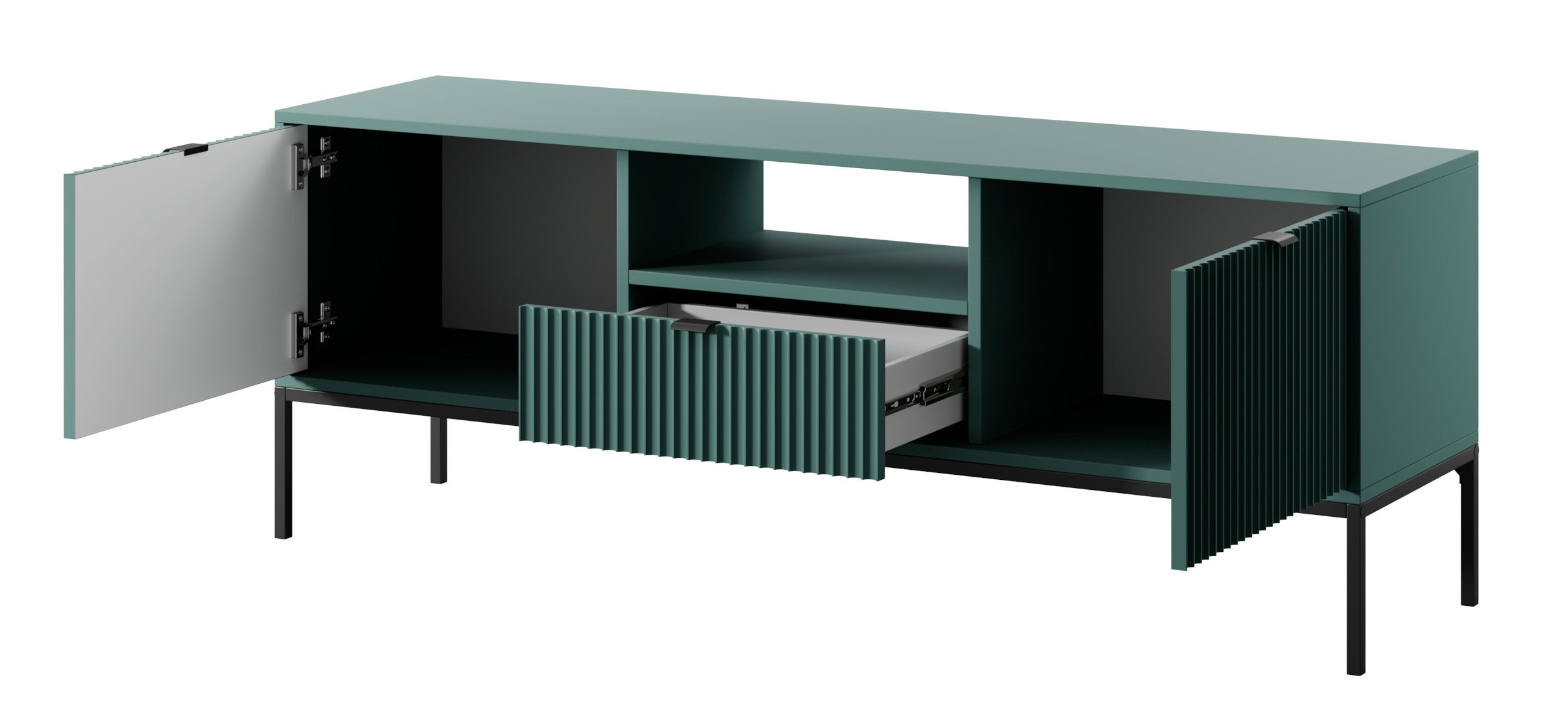 TV-Schrank Vellore 154 cm grün mit gerillten Fronten, schwarzen Griffen und Gestell
