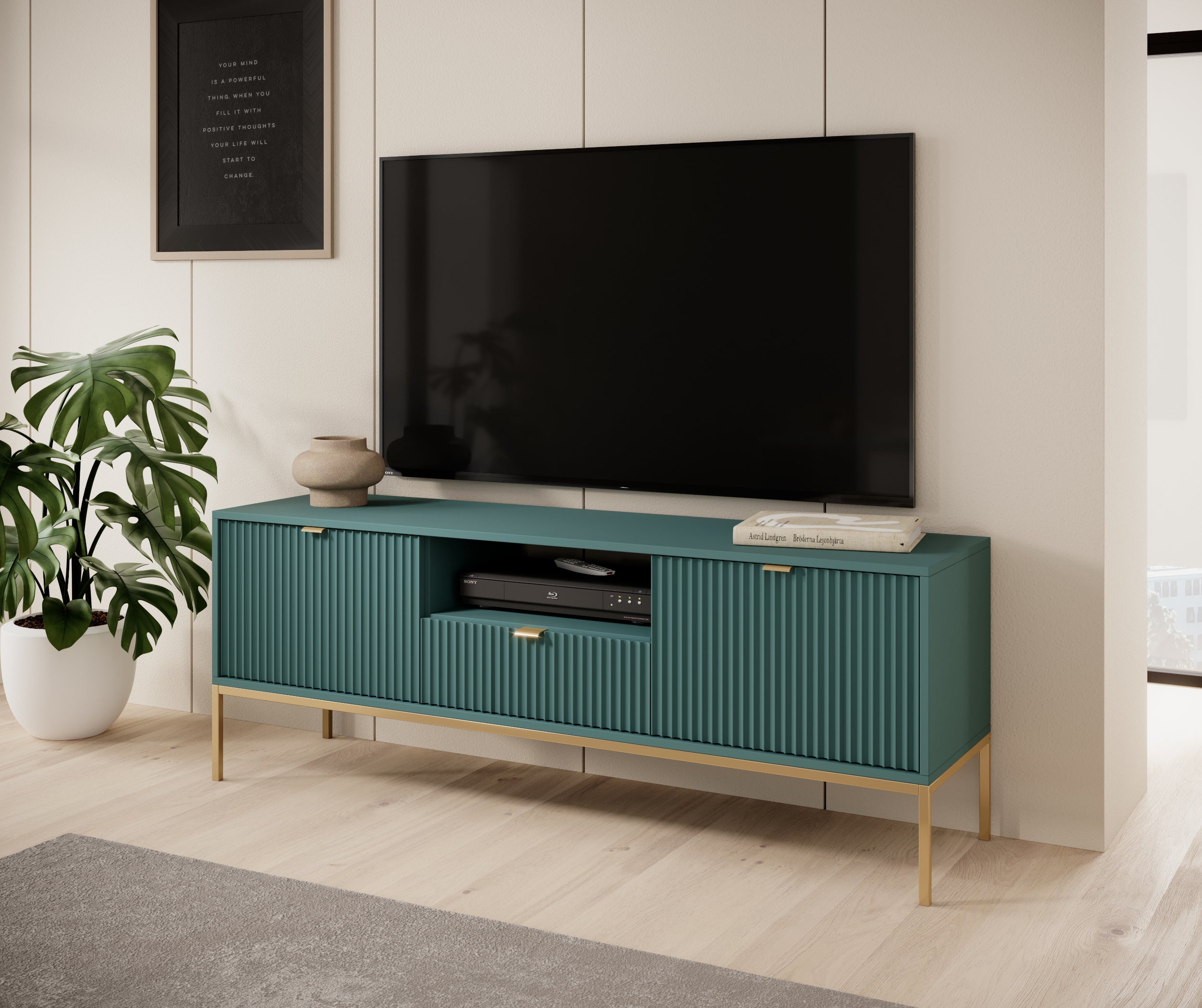 TV-Schrank Vellore 154 cm grün mit gerillten Fronten, goldenen Griffen und Gestell
