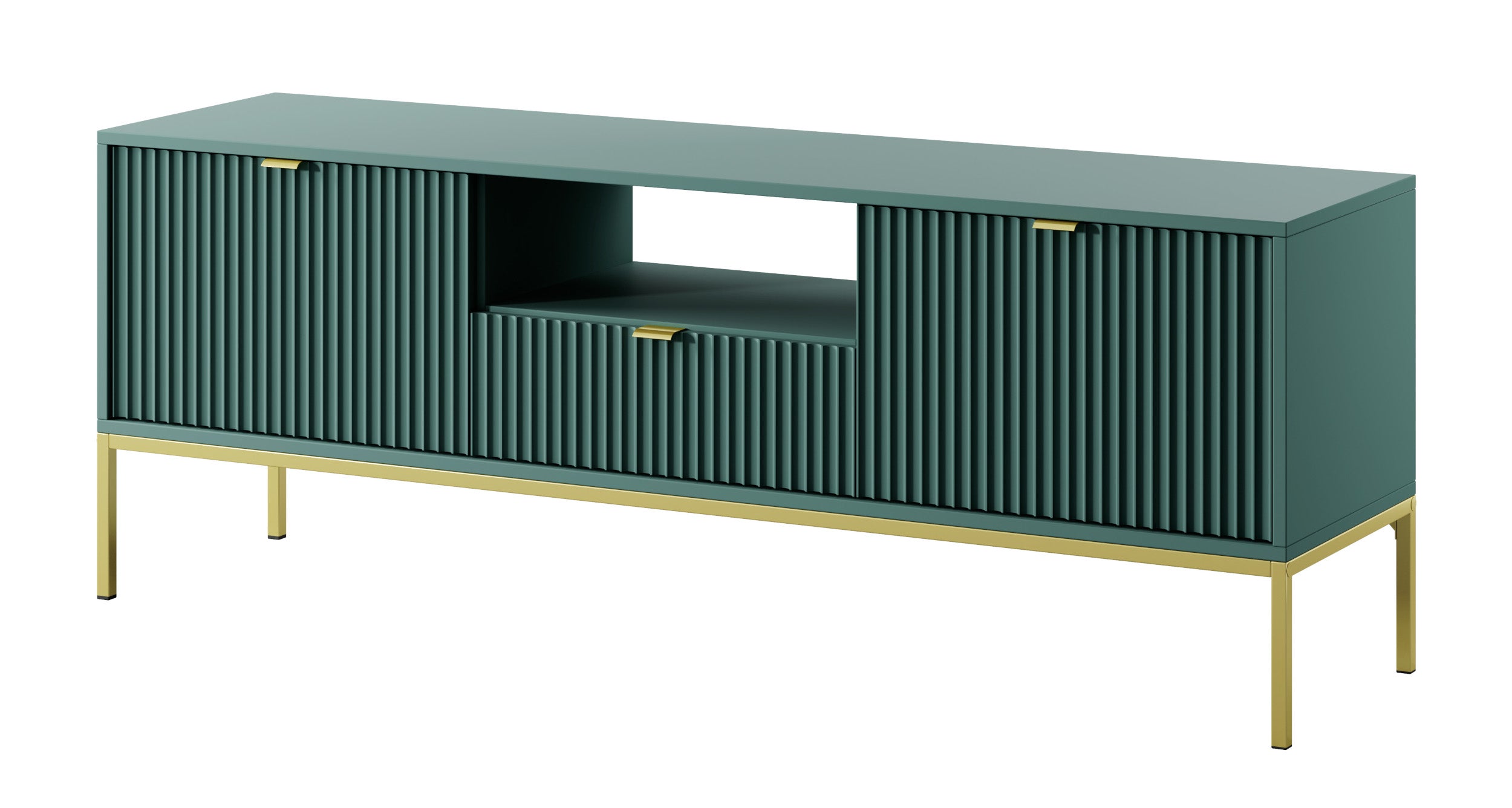 TV-Schrank Vellore 154 cm grün mit gerillten Fronten, goldenen Griffen und Gestell