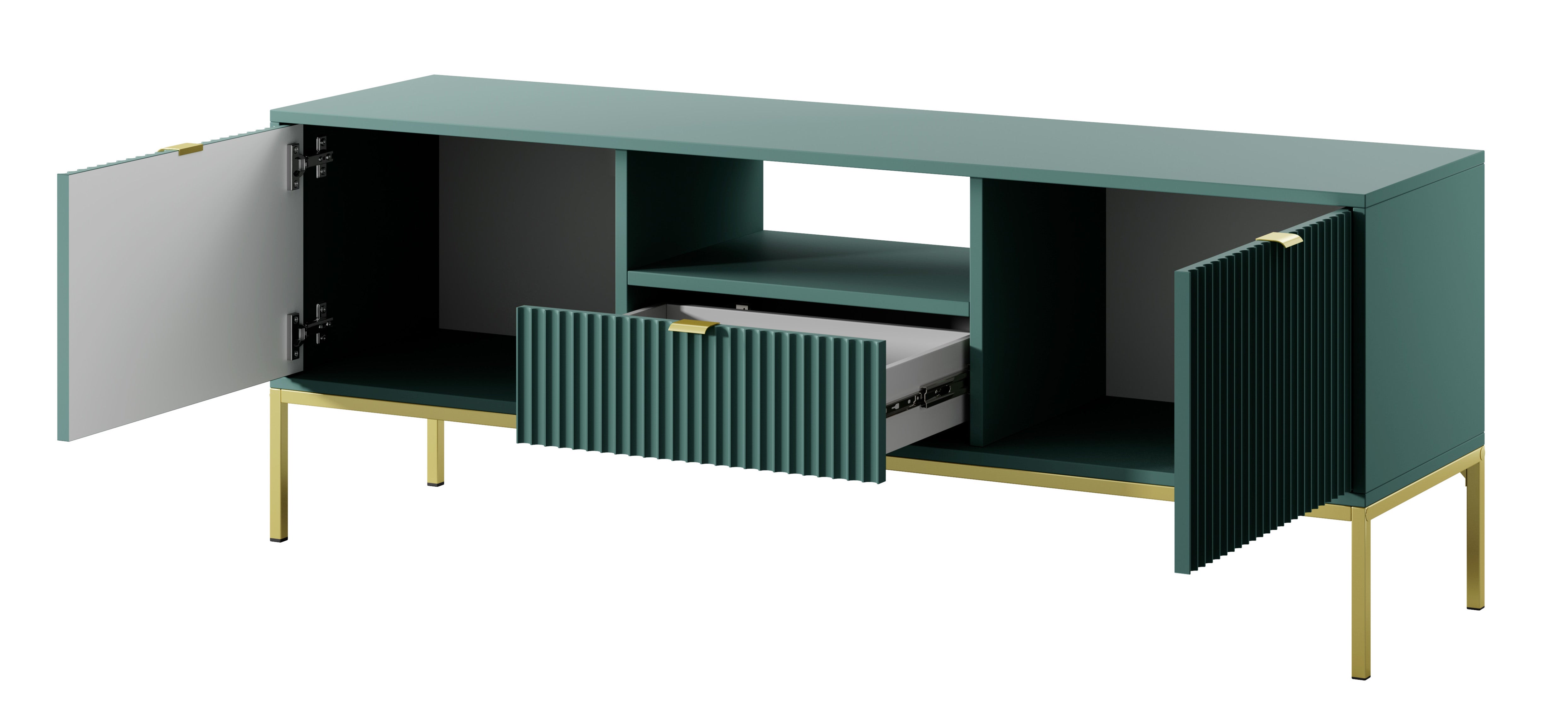 TV-Schrank Vellore 154 cm grün mit gerillten Fronten, goldenen Griffen und Gestell