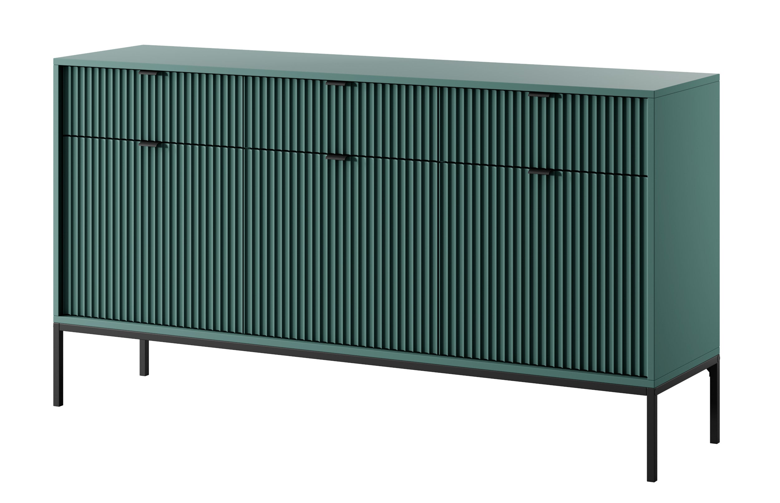 Drehtür-Kommode Vellore 154 cm grün mit gerillten Fronten, schwarzen Griffen und Gestell