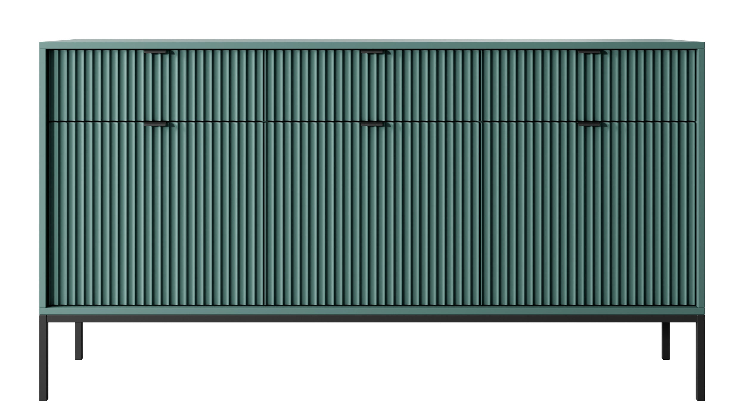 Drehtür-Kommode Vellore 154 cm grün mit gerillten Fronten, schwarzen Griffen und Gestell