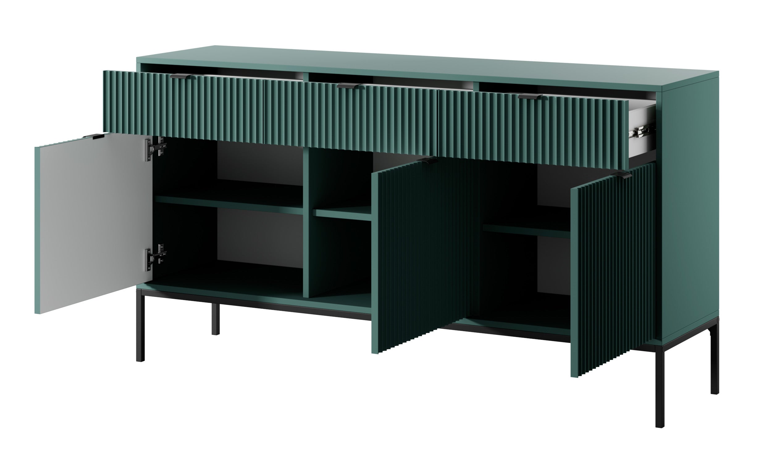 Drehtür-Kommode Vellore 154 cm grün mit gerillten Fronten, schwarzen Griffen und Gestell