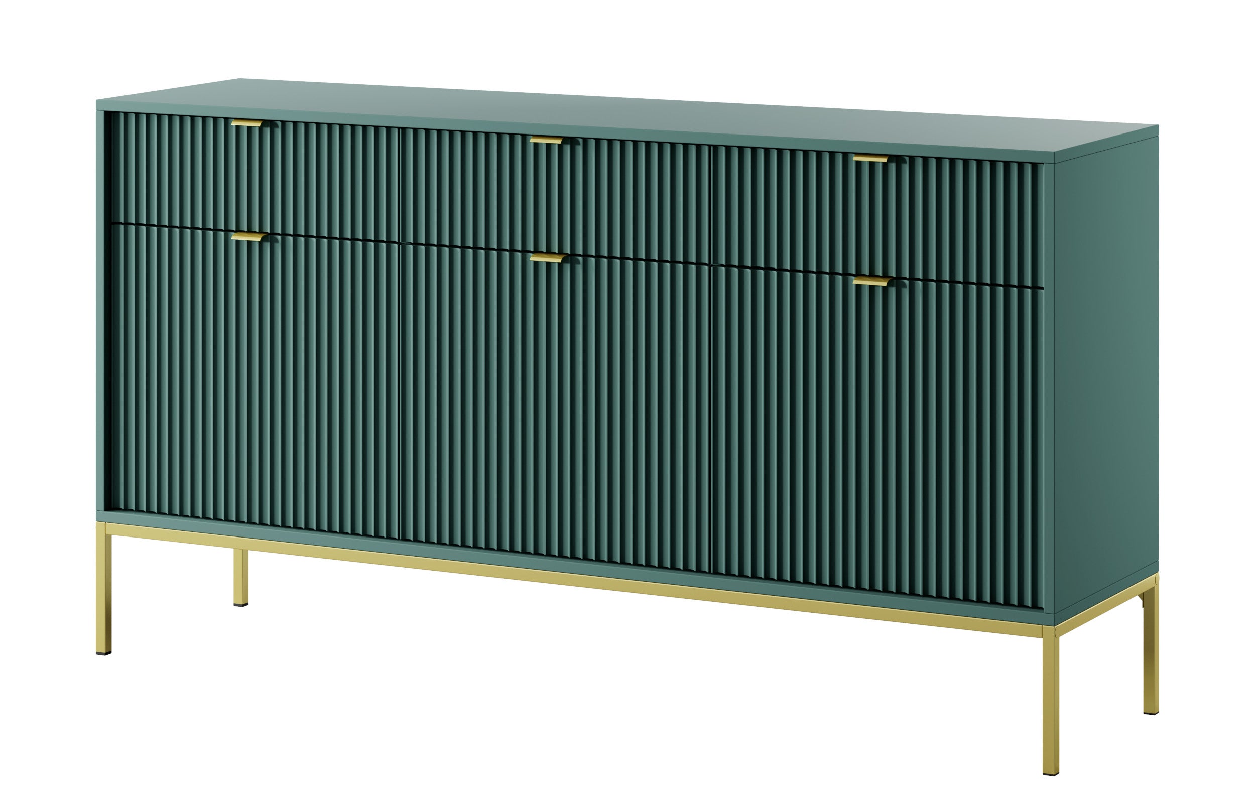 Drehtür-Kommode Vellore 154 cm grün mit gerillten Fronten, goldenen Griffen und Gestell