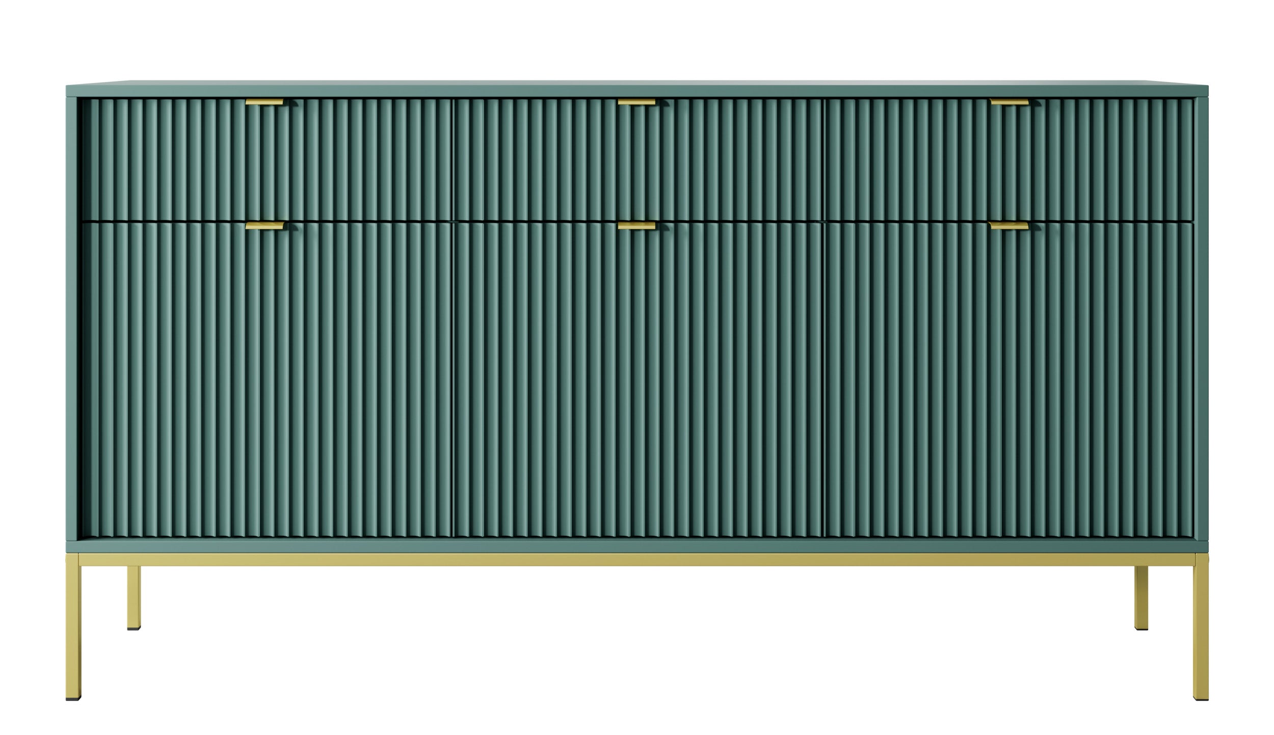 Drehtür-Kommode Vellore 154 cm grün mit gerillten Fronten, goldenen Griffen und Gestell