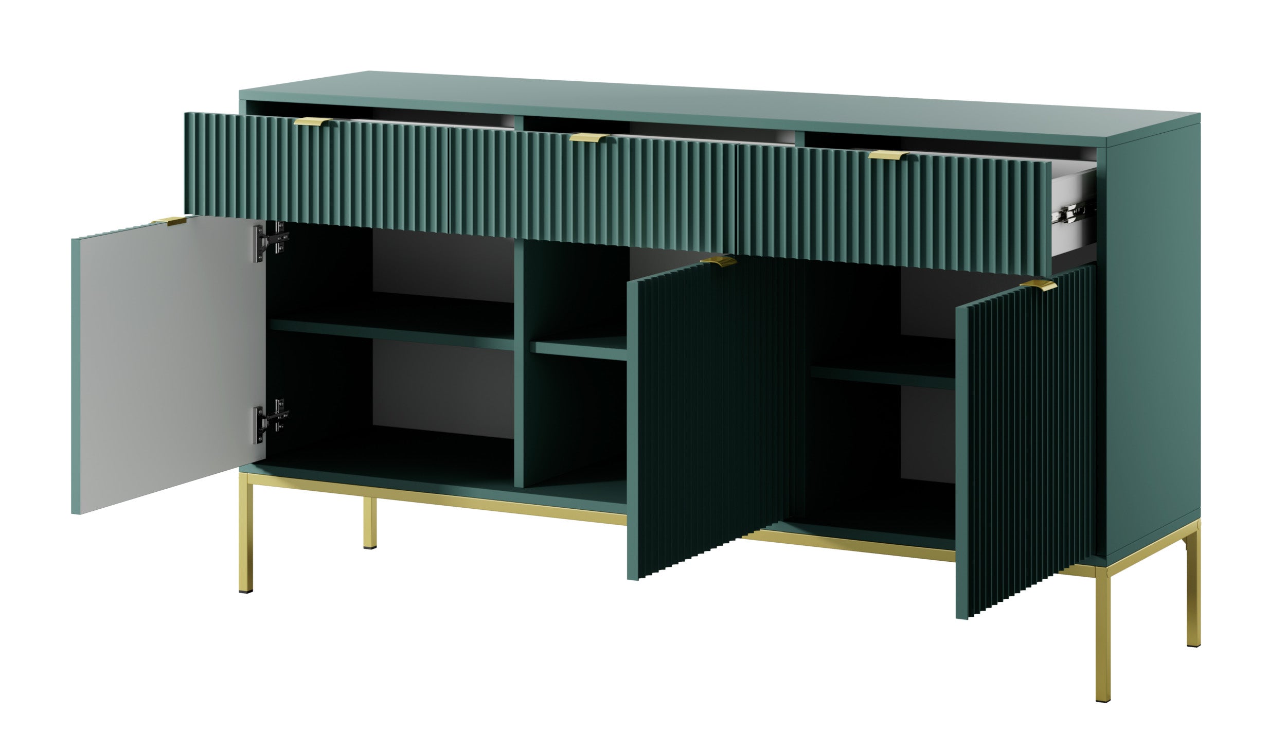 Drehtür-Kommode Vellore 154 cm grün mit gerillten Fronten, goldenen Griffen und Gestell