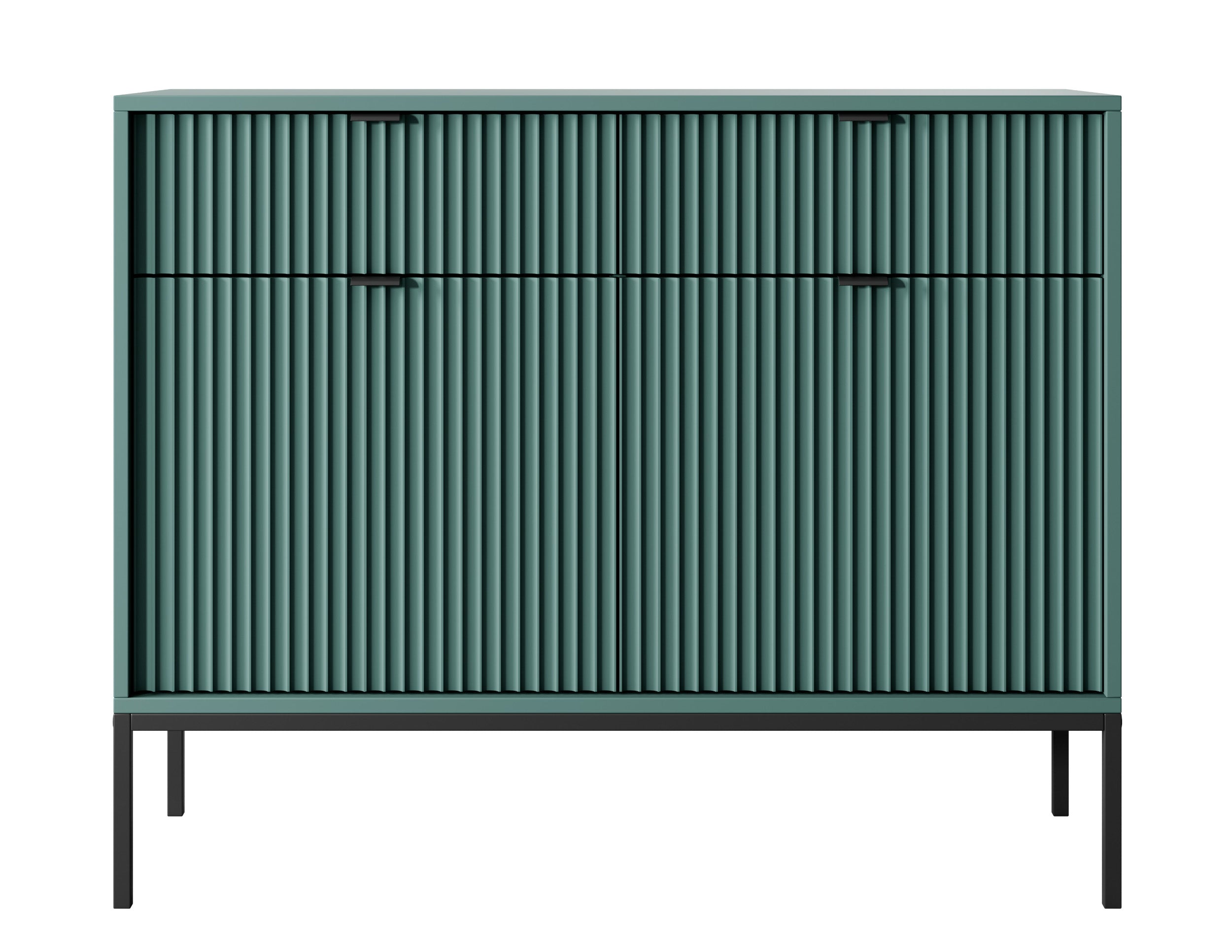 Zweittürige Kommode Vellore 104 cm grün mit geriffelten Fronten, schwarzen Griffen und Gestell