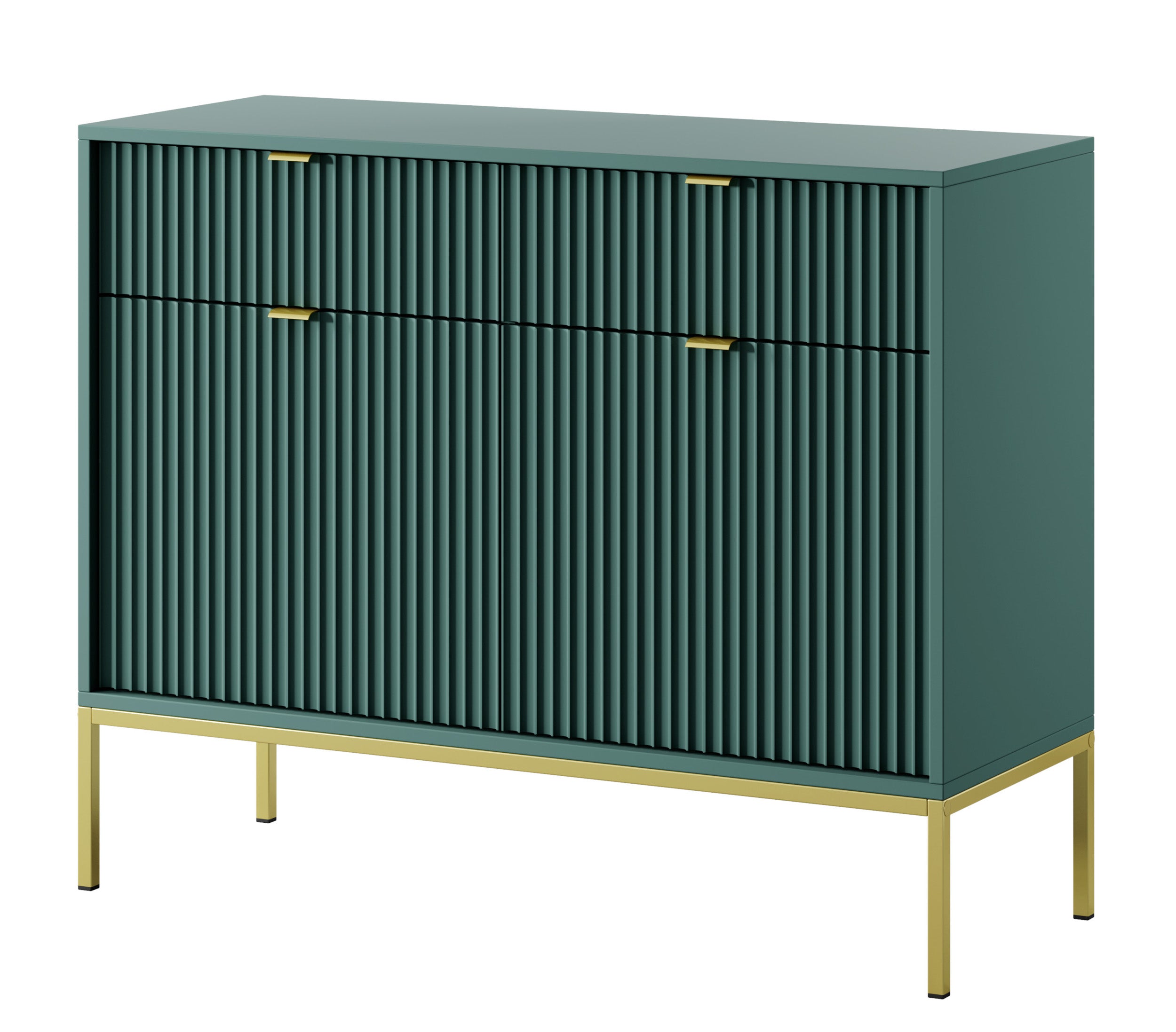 Zweiturige Kommode Vellore 104 cm grün mit gerillten Fronten, goldenen Griffen und Gestell