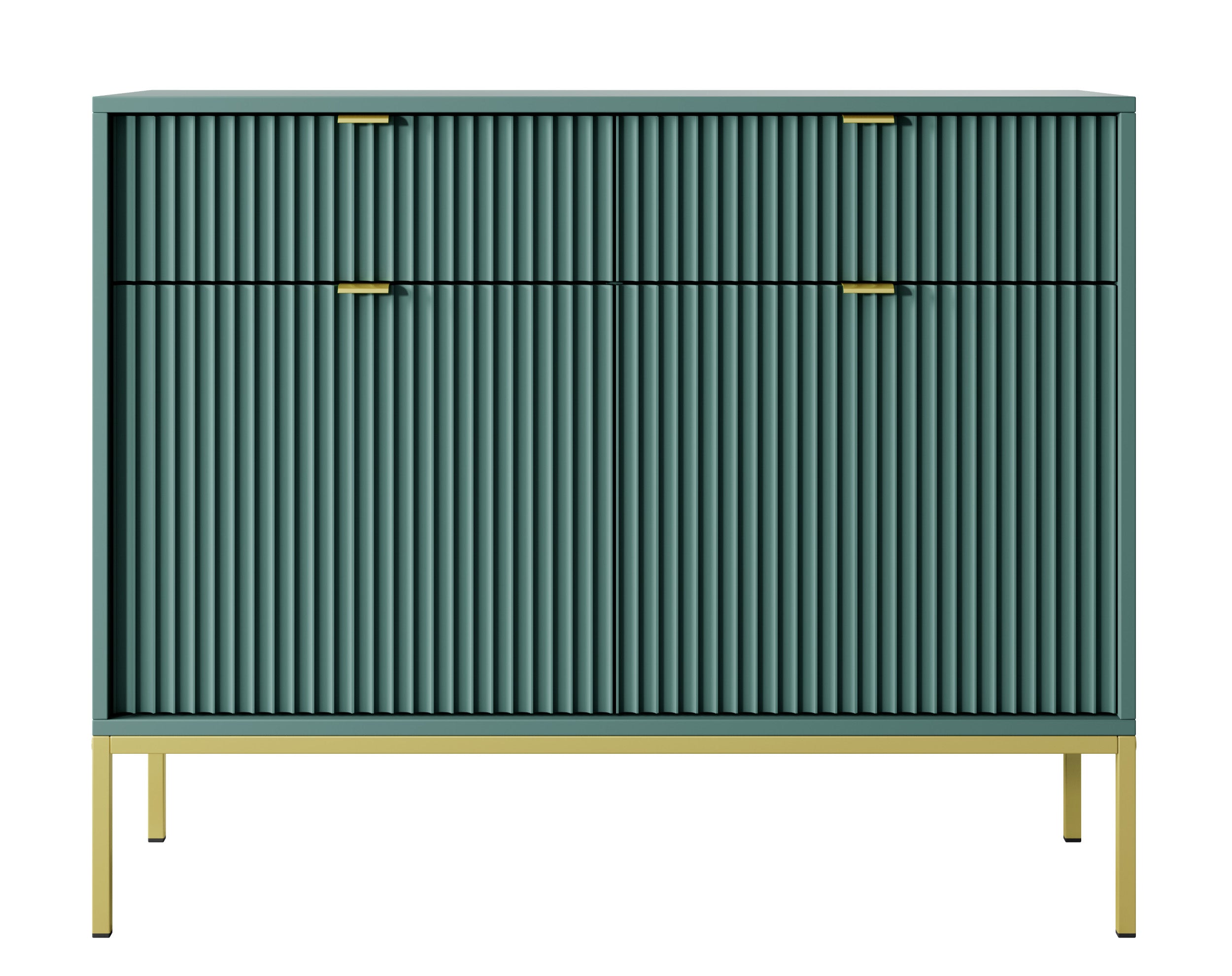 Zweiturige Kommode Vellore 104 cm grün mit gerillten Fronten, goldenen Griffen und Gestell