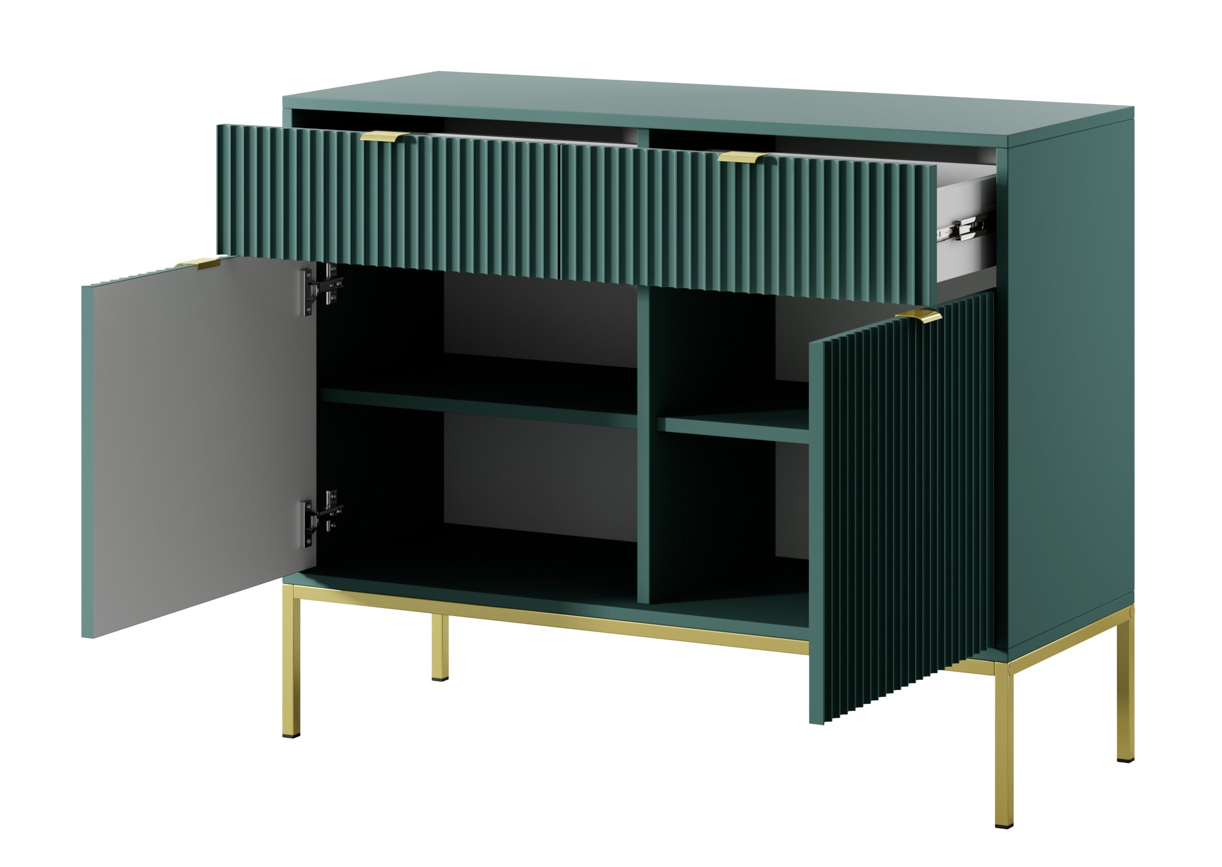 Zweiturige Kommode Vellore 104 cm grün mit gerillten Fronten, goldenen Griffen und Gestell