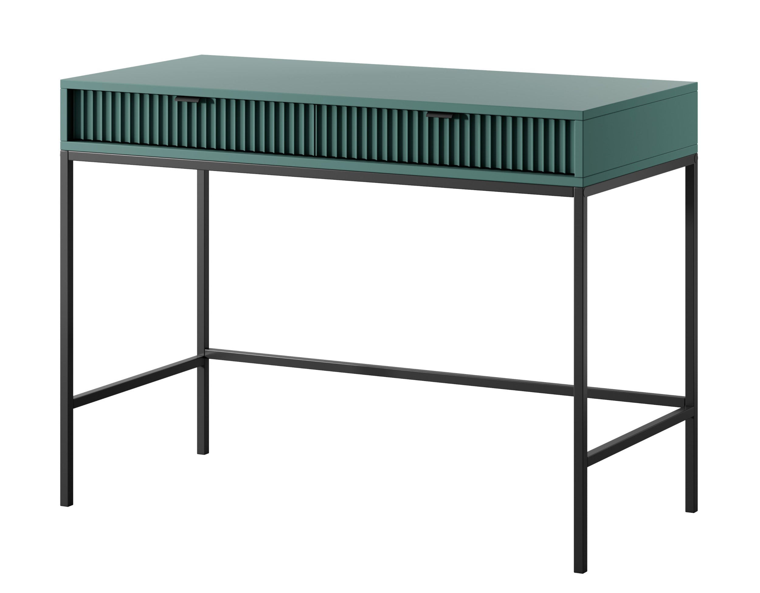 Schminktisch-Schreibtisch Vellore 104 cm grün mit geriffelten Fronten, schwarzen Griffen und Gestell