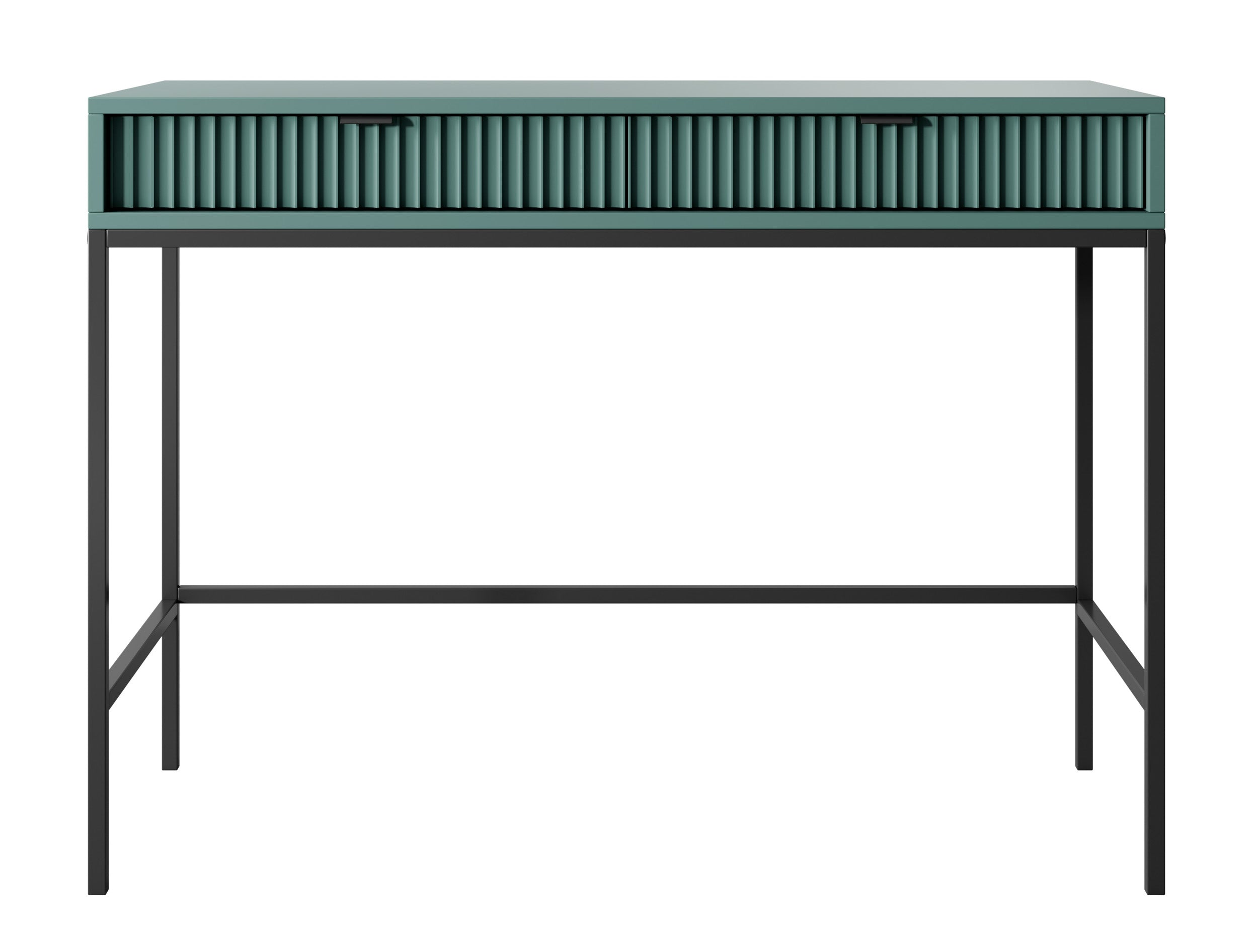 Schminktisch-Schreibtisch Vellore 104 cm grün mit geriffelten Fronten, schwarzen Griffen und Gestell