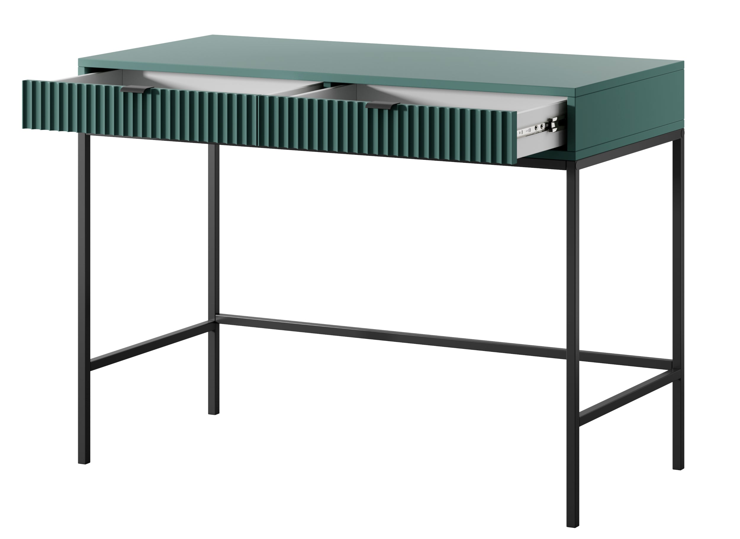 Schminktisch-Schreibtisch Vellore 104 cm grün mit geriffelten Fronten, schwarzen Griffen und Gestell