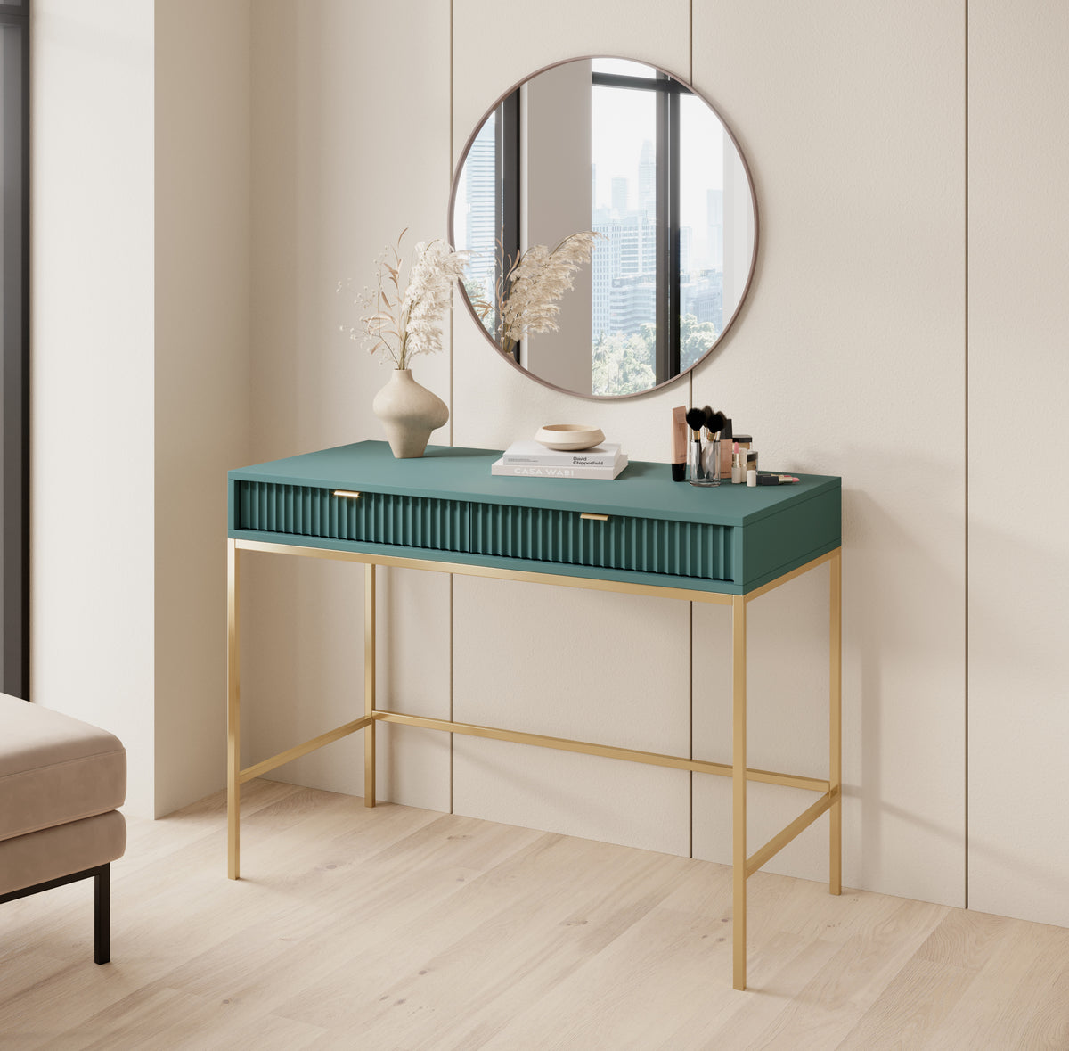 Schminktisch Vellore 104 cm grün mit geriffelten Fronten, goldenen Gri – Selsey EU