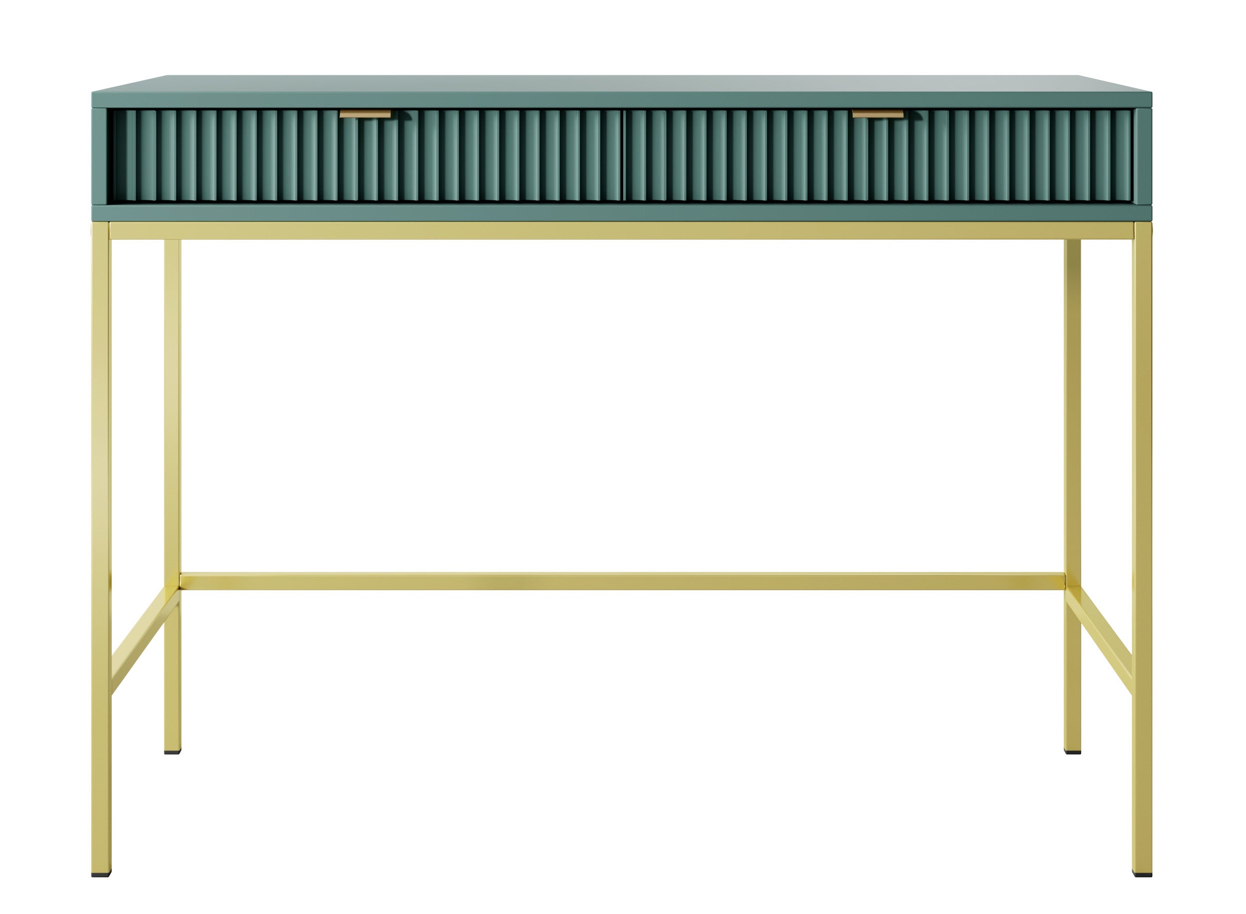 Schminktisch Vellore 104 cm grün mit geriffelten Fronten, goldenen Griffen und Gestell
