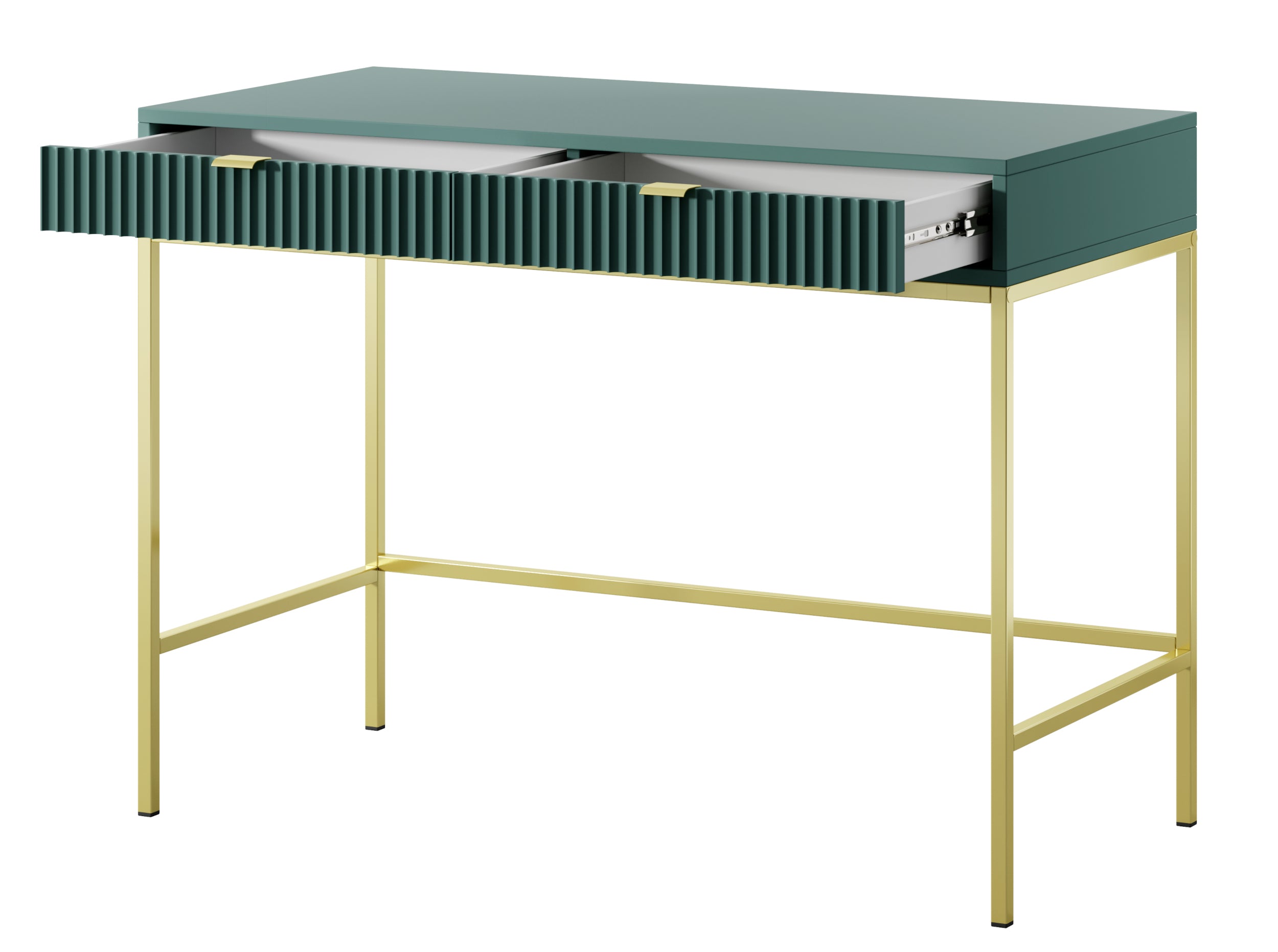 Schminktisch Vellore 104 cm grün mit geriffelten Fronten, goldenen Griffen und Gestell