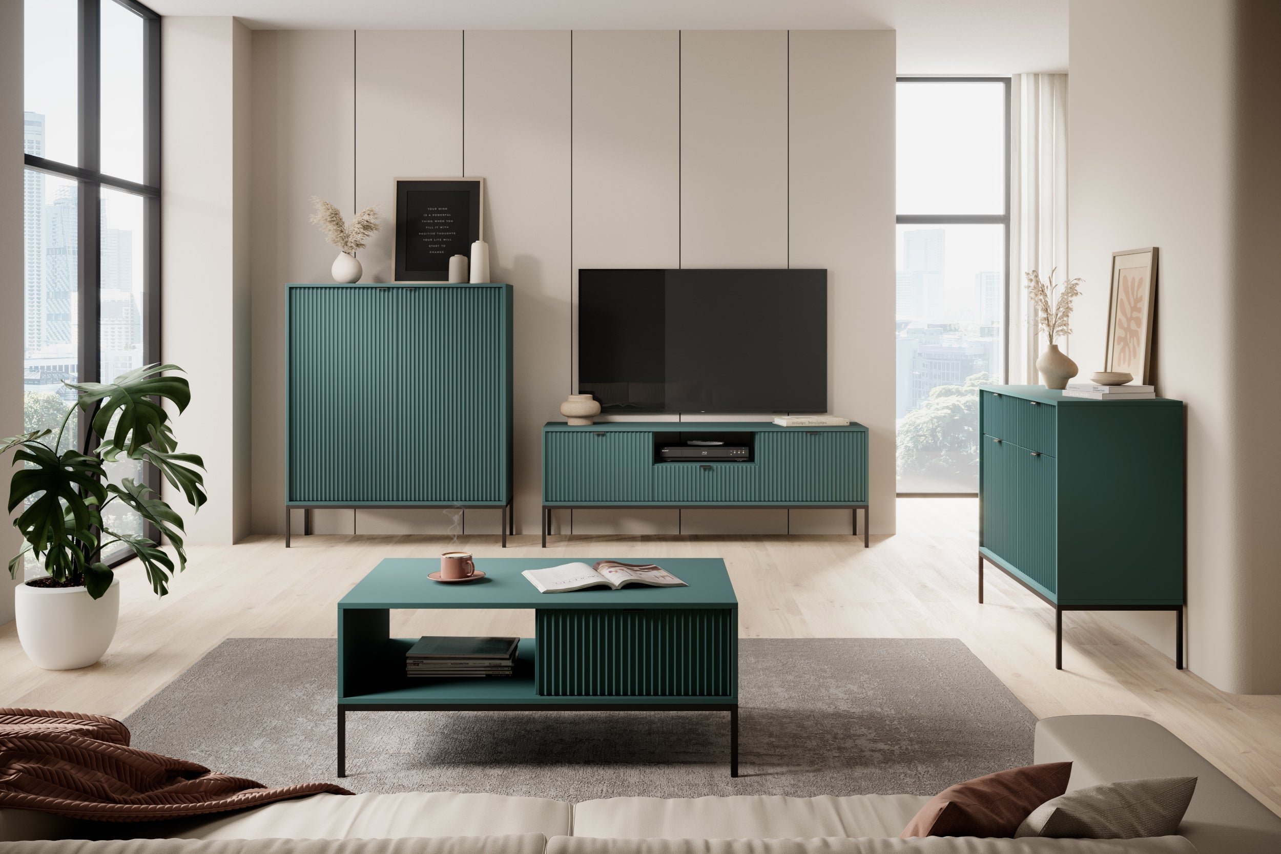 Couchtisch Vellore 104x68 cm grün mit geriffelter Front, schwarzen Griffen und Gestell