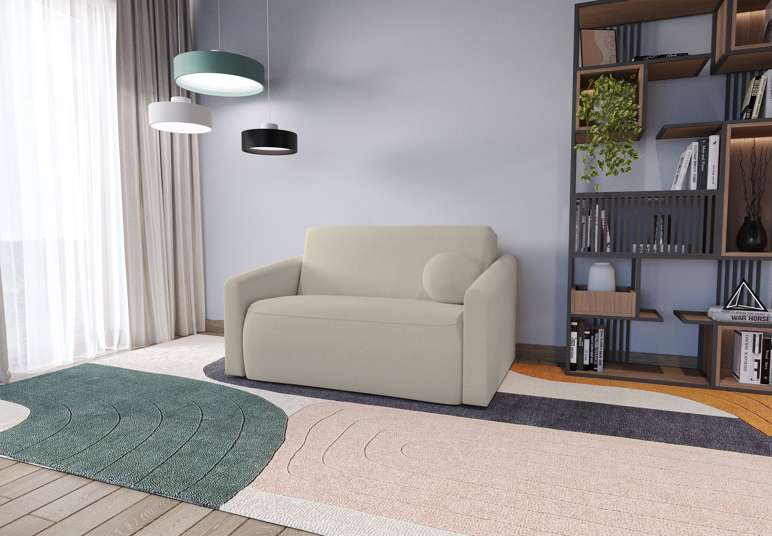 Ausziehbare Zweiersofa Poppino mit Stauraum, cremefarben, hydrofober Chenille-Stoff