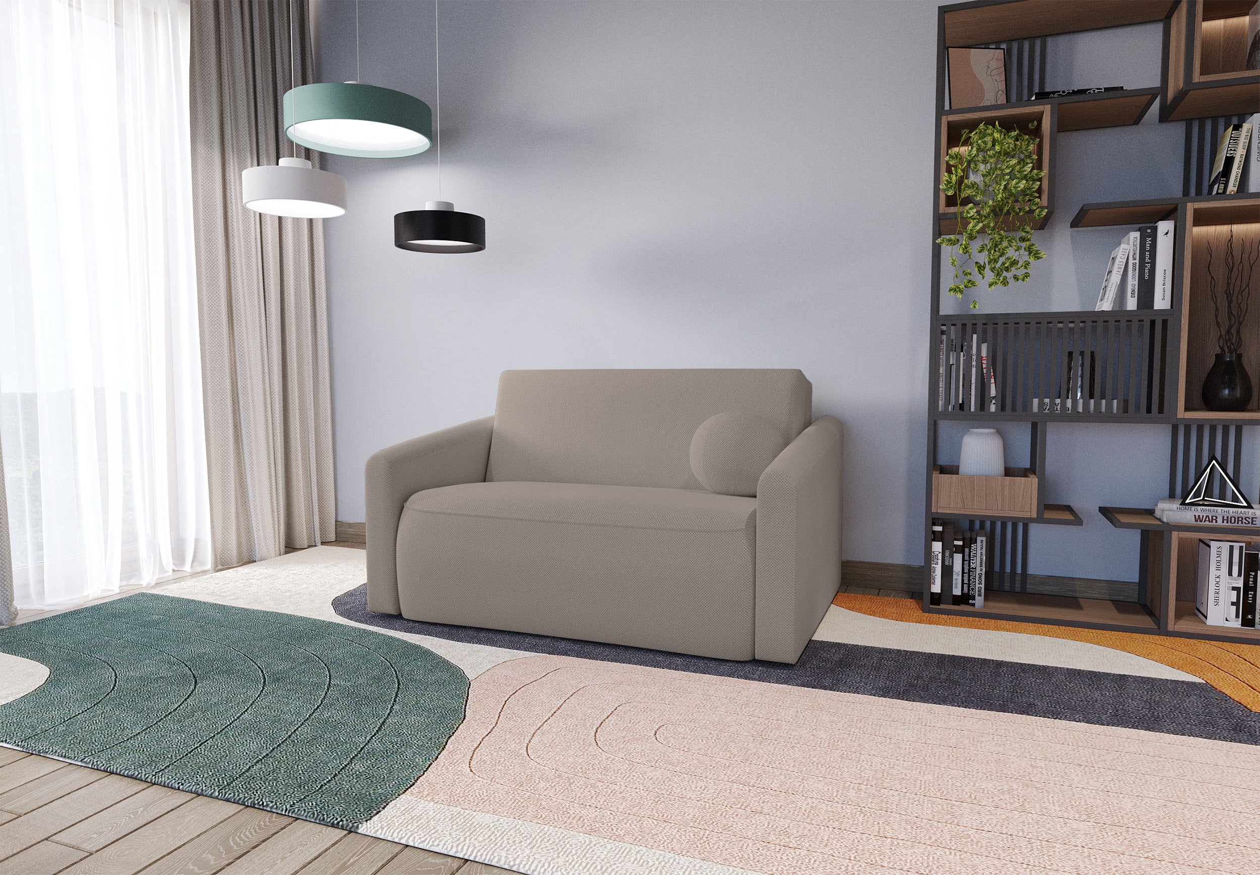 Zweisitziges ausklappbares Sofa Poppino mit Stauraum, grau-beiger hydrophober Chenille-Stoff