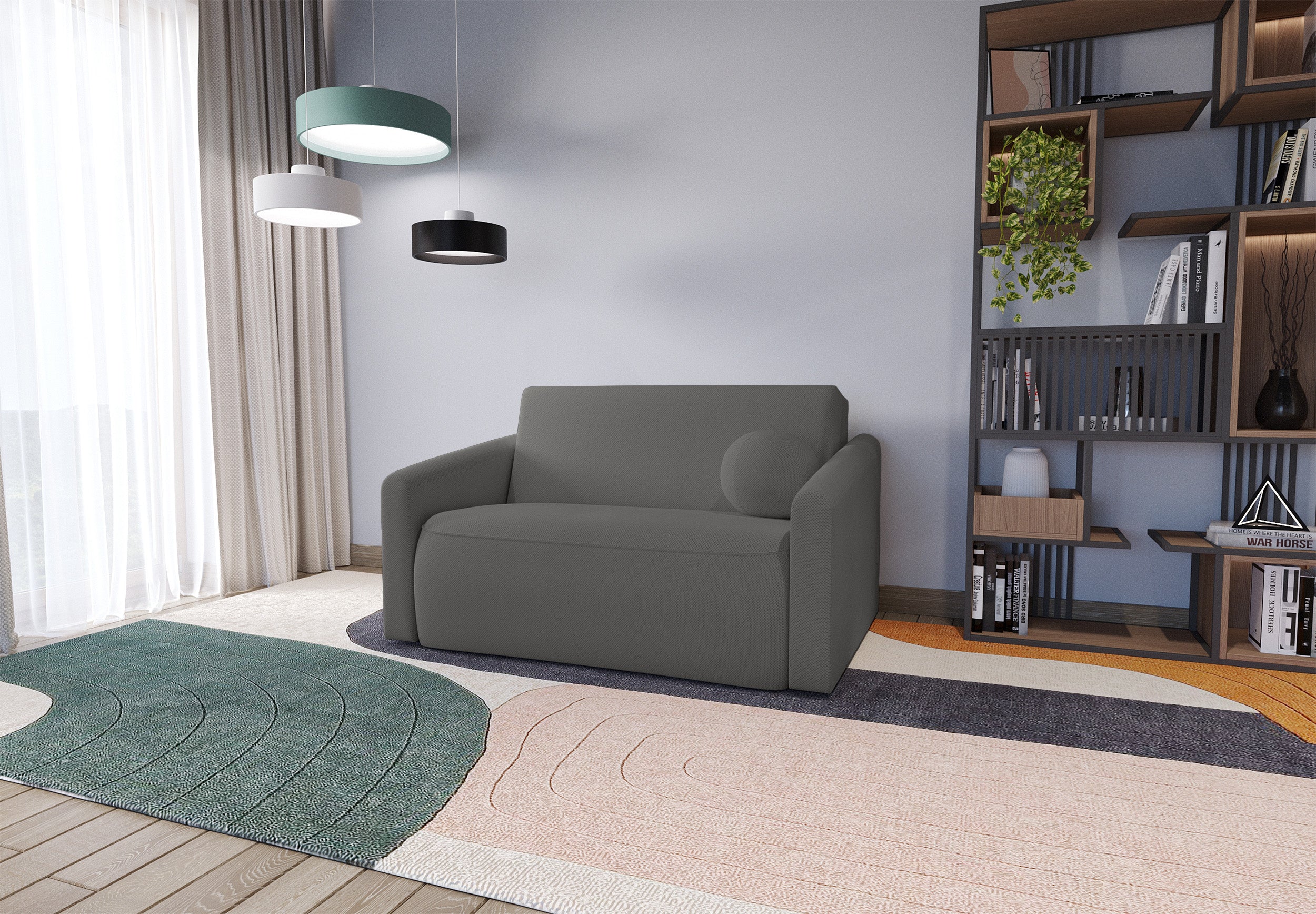 Zweisitziges ausklappbares Sofa Poppino mit Stauraum, dunkelgrauer hydrophober Chenille-Bezug