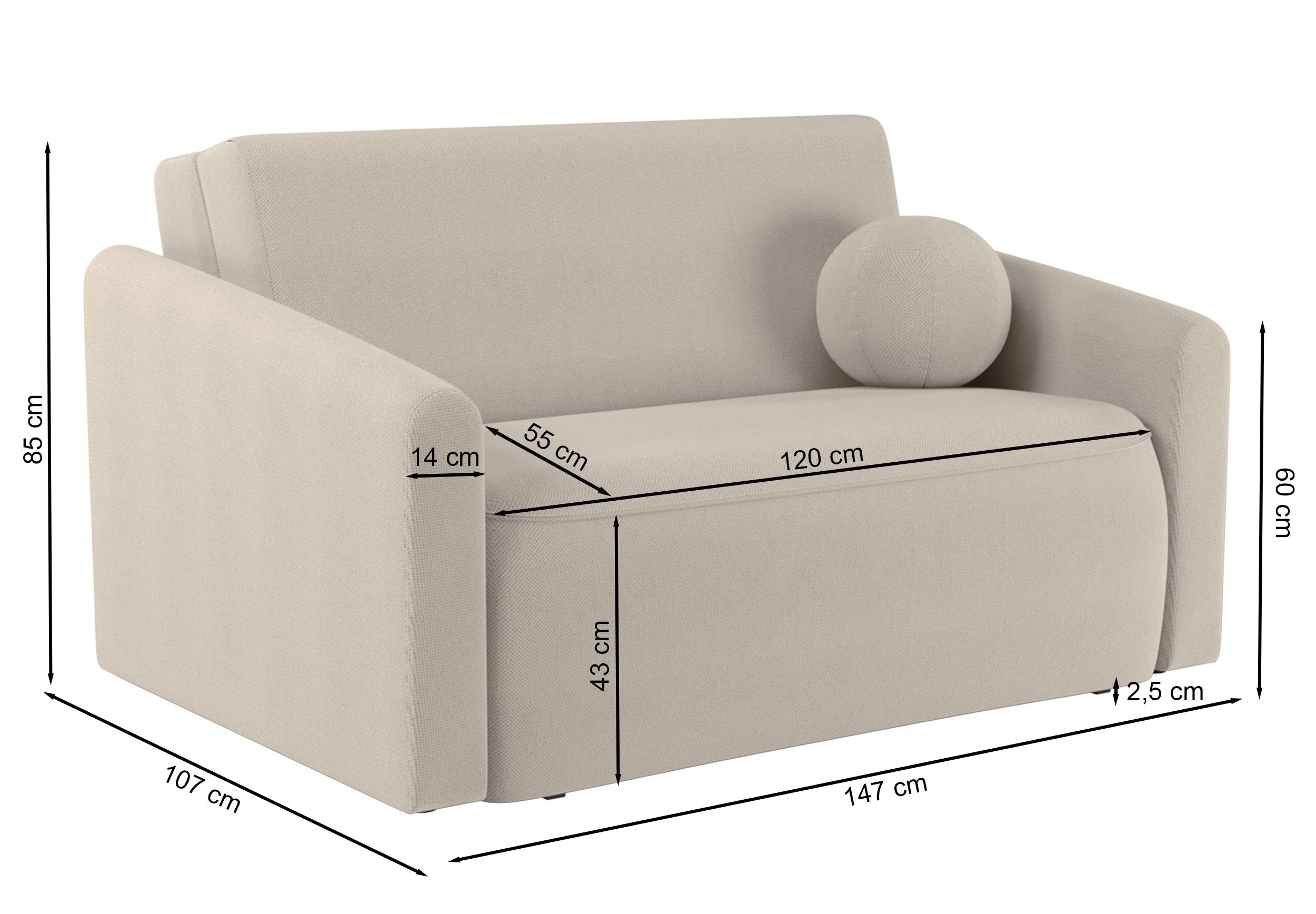 Zweisitziges ausklappbares Sofa Poppino mit Stauraum, grau-beiger hydrophober Chenille-Stoff