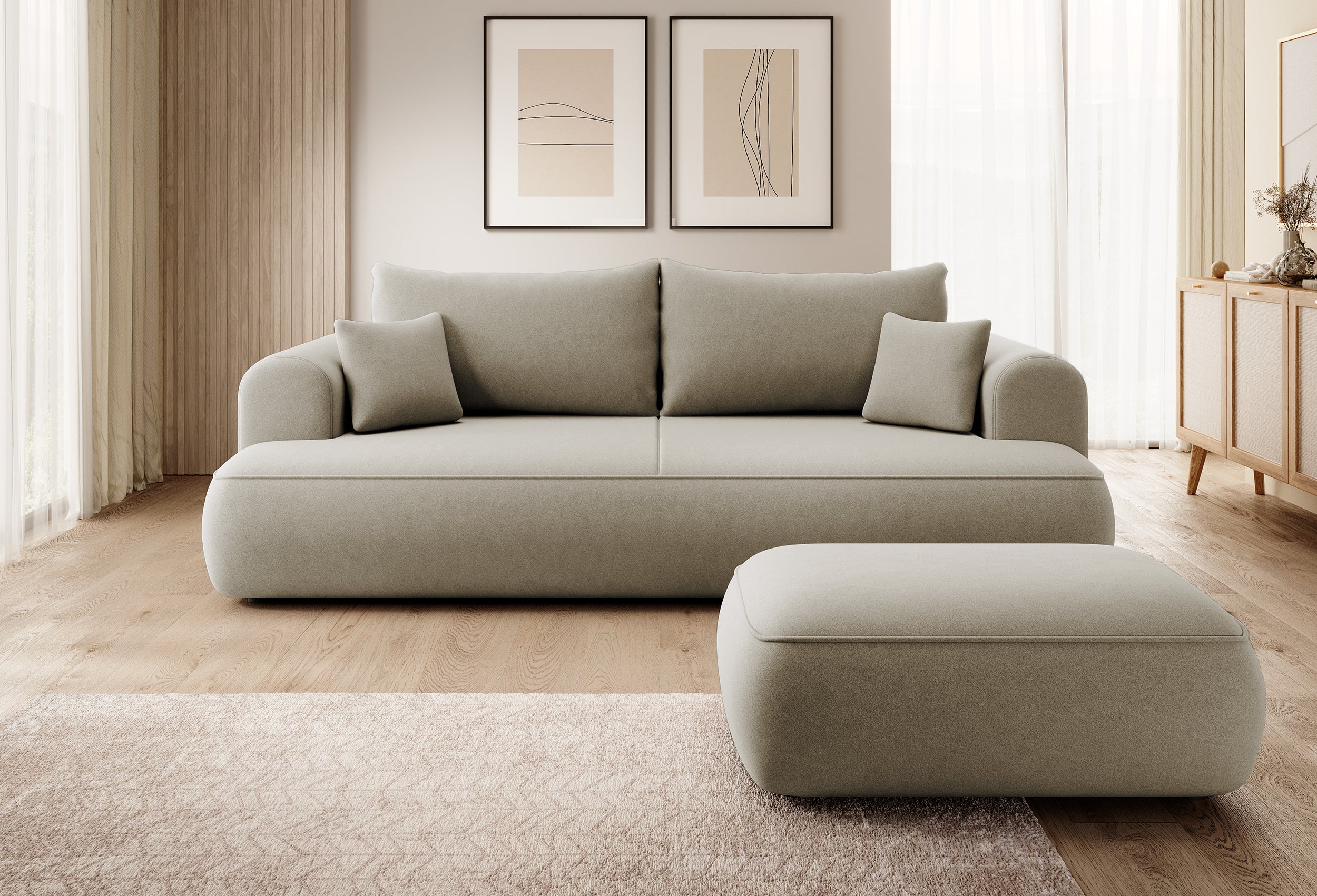 Beiger Ovo-Pouf aus Velours in leicht zu reinigendem Stoff