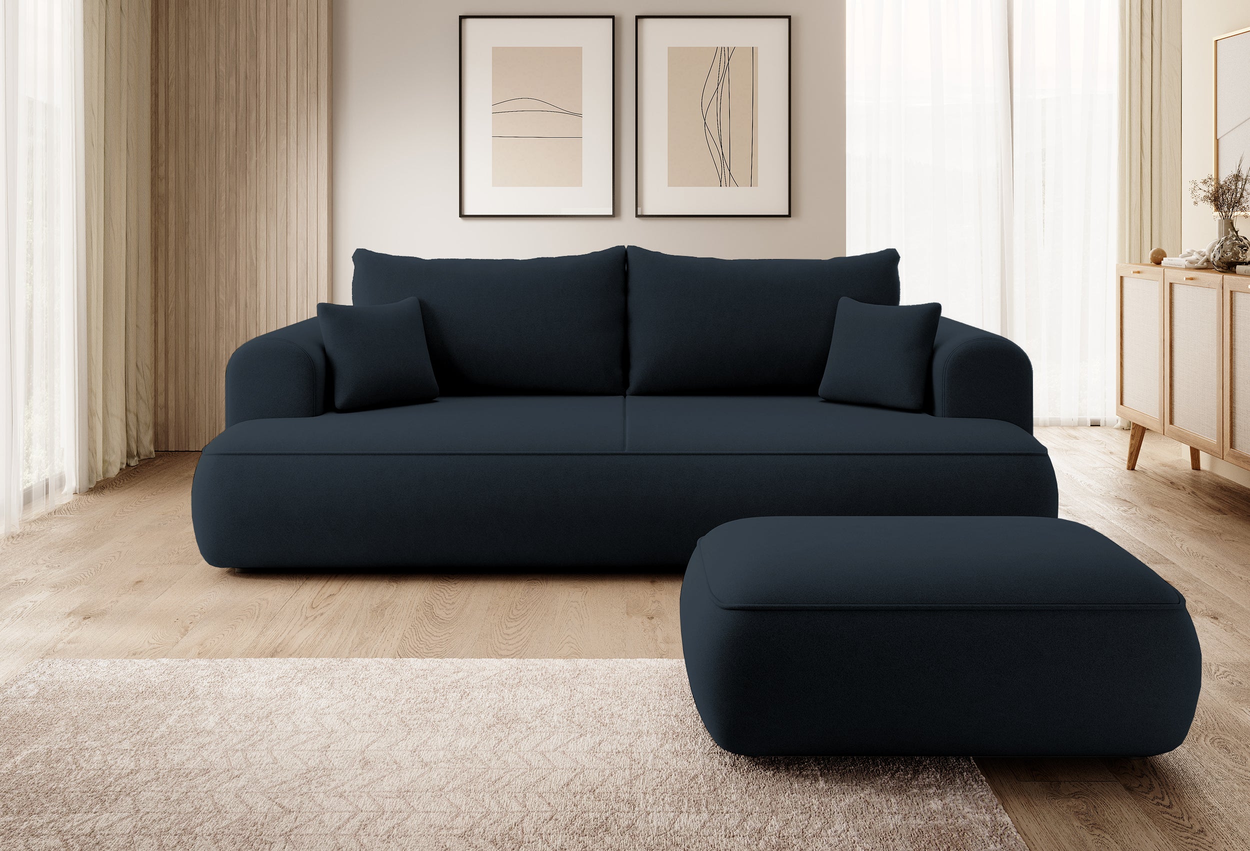 Ovo-Pouf in Granatblau, Samtstoff aus leicht zu reinigendem Gewebe