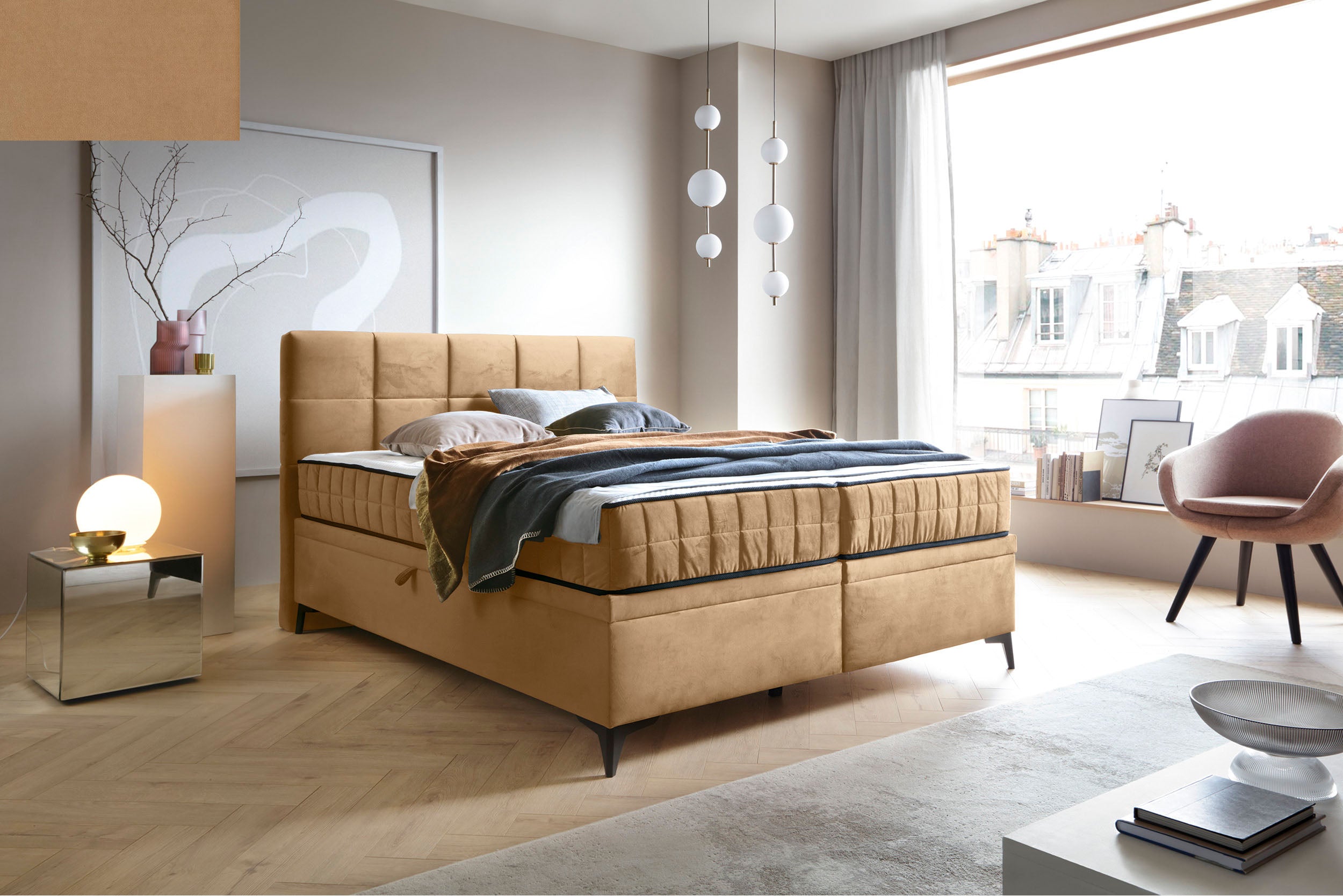 Kontinentales Bett 180x200 cm Beriano mit Stauraum und Matratze, beige Samt