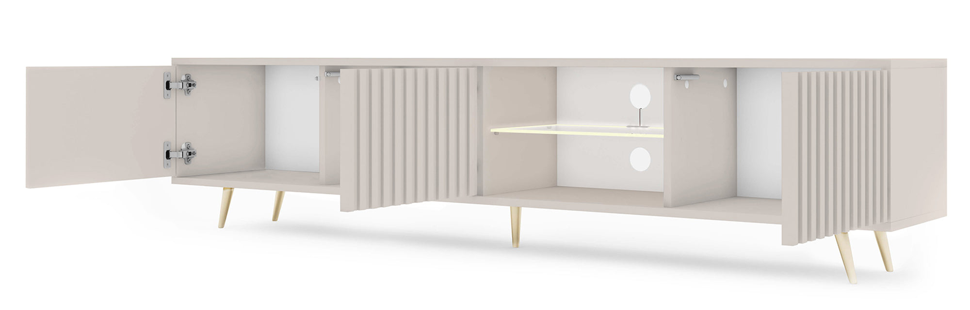 Drehtüriger TV-Schrank Bello mit Lamellenfronten und einer Glasablage mit LED-Beleuchtung, 175 cm, Kaschmir auf goldenen Beinen